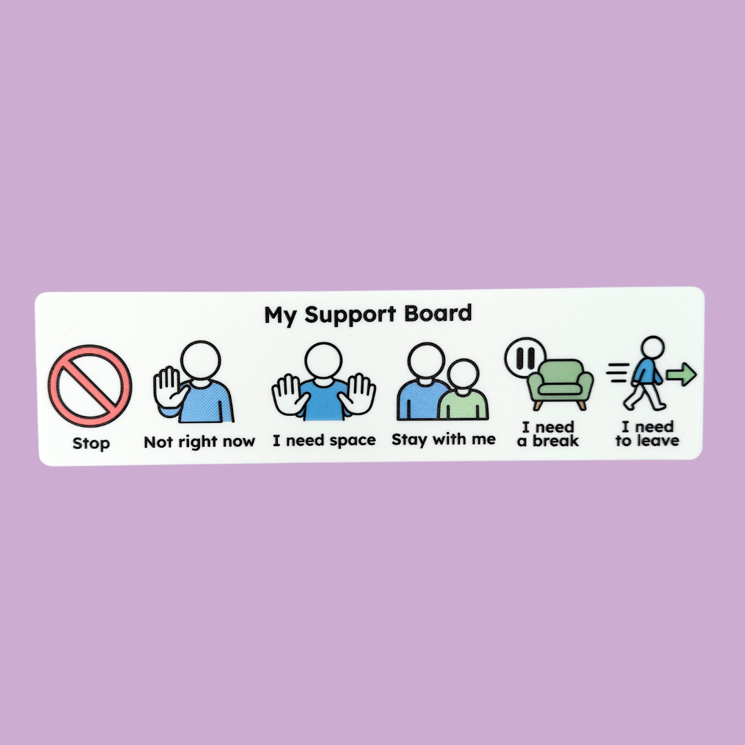 Visual communication board with six clear messages for expressing personal boundaries and support needs.