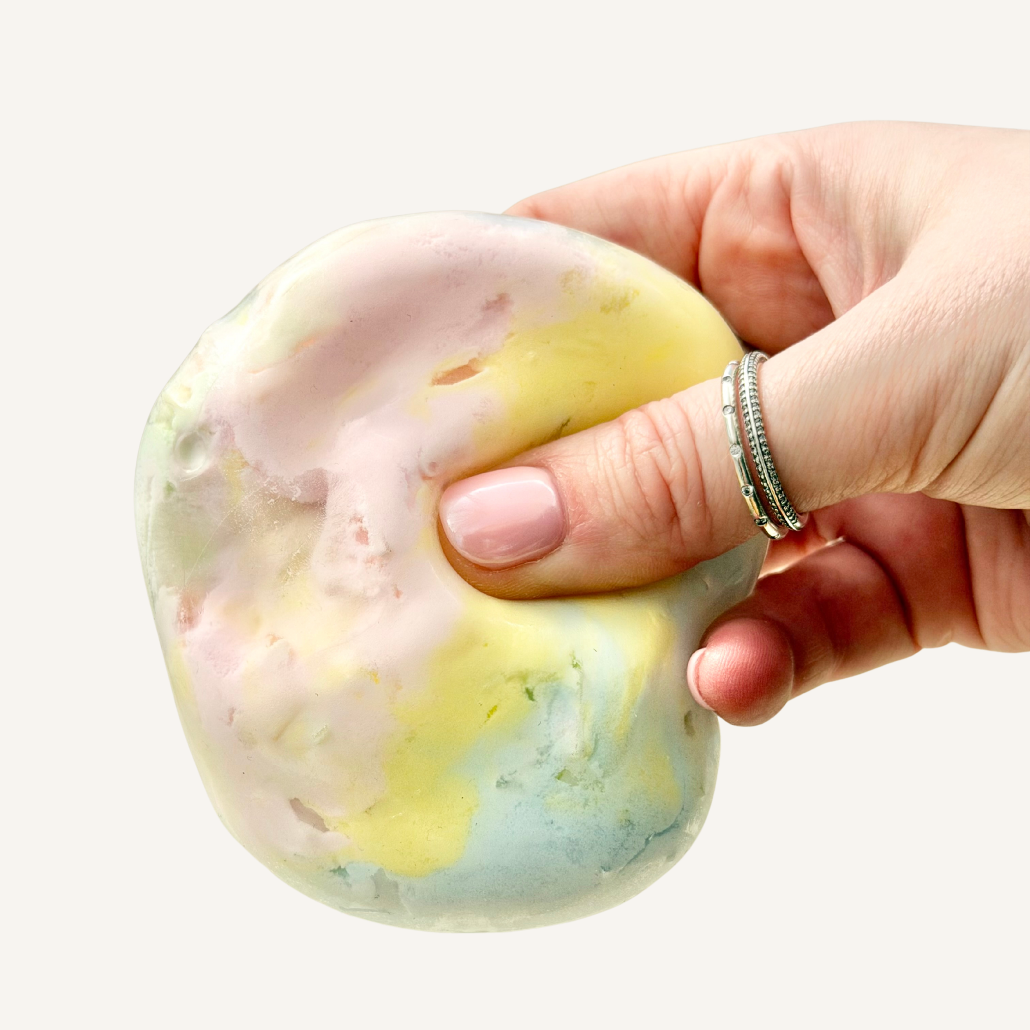 Sensory wax squish toy designed for a one-time crack experience followed by satisfying ongoing squishing.