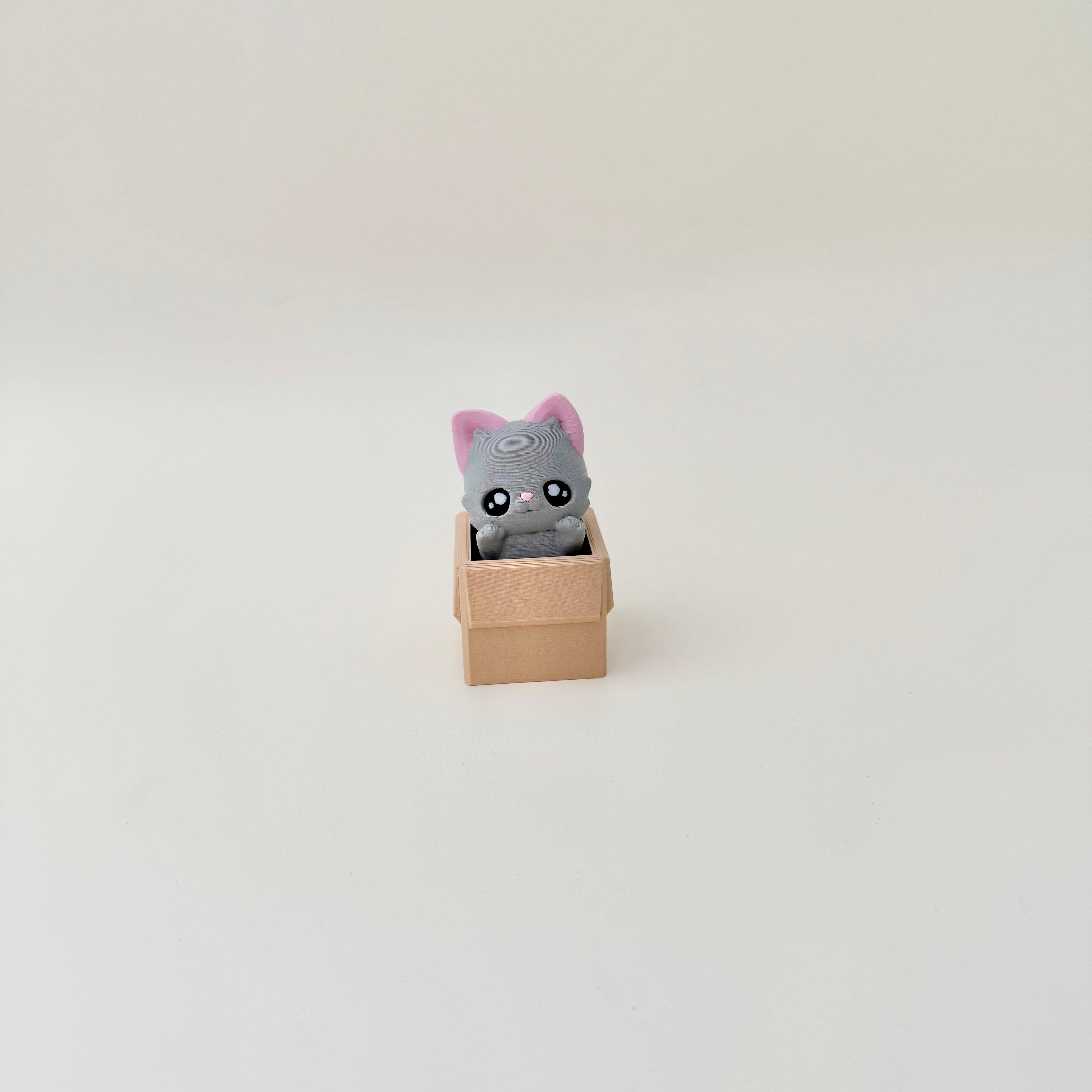 Plastic clicker toy featuring a cute grey cat in a box; audible press with optional quiet version for lower-noise settings.

