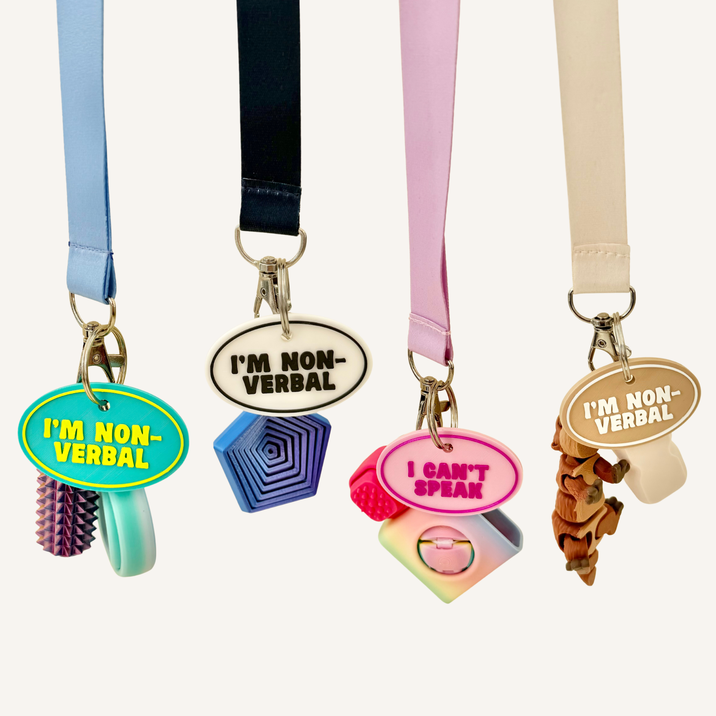 Oval tag with raised wording and keyring loop for simple, practical communication support.