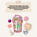 My Stimz Box filled with a varied mix of sensory products, functional fidgets and playful stim tools.