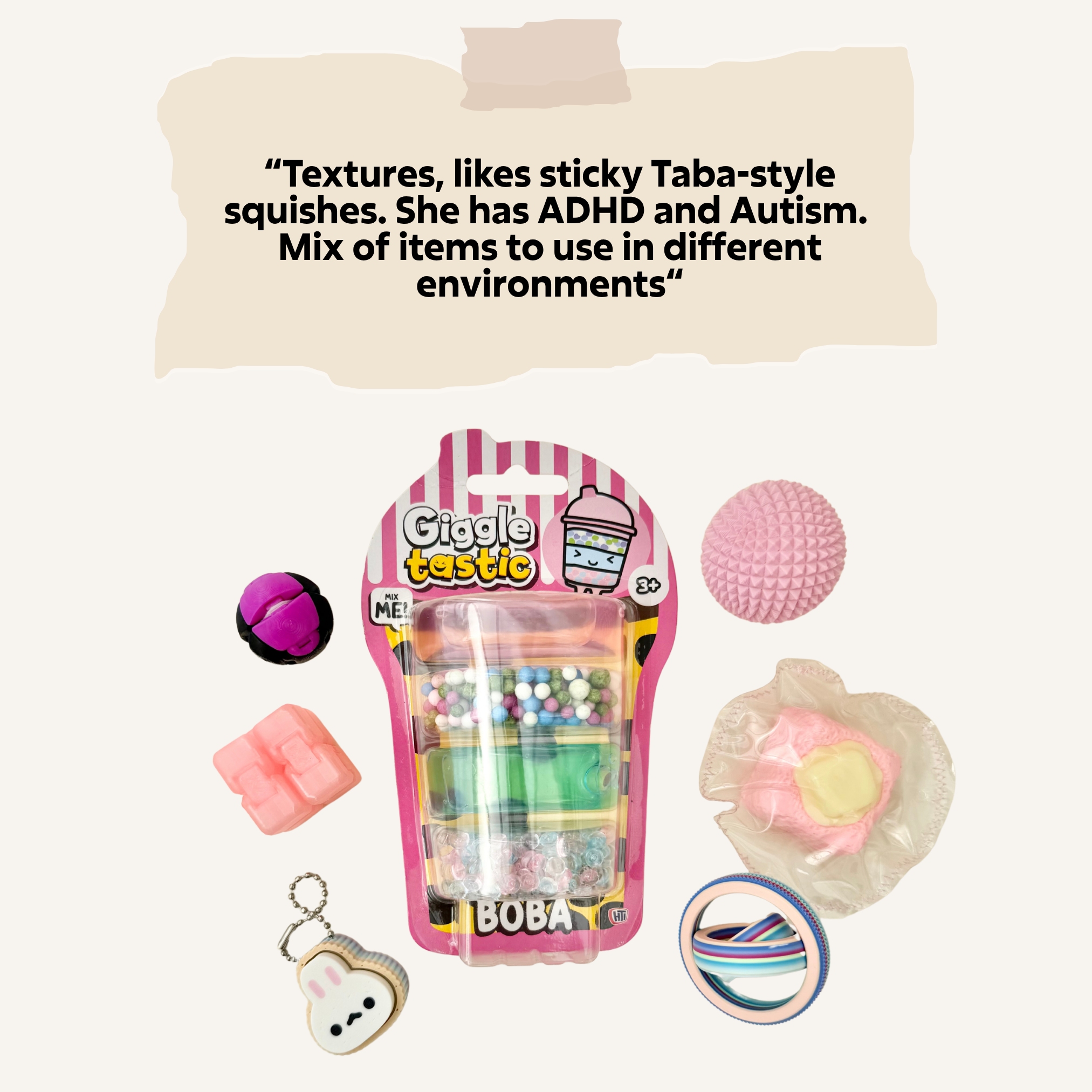 My Stimz Box filled with a varied mix of sensory products, functional fidgets and playful stim tools.
