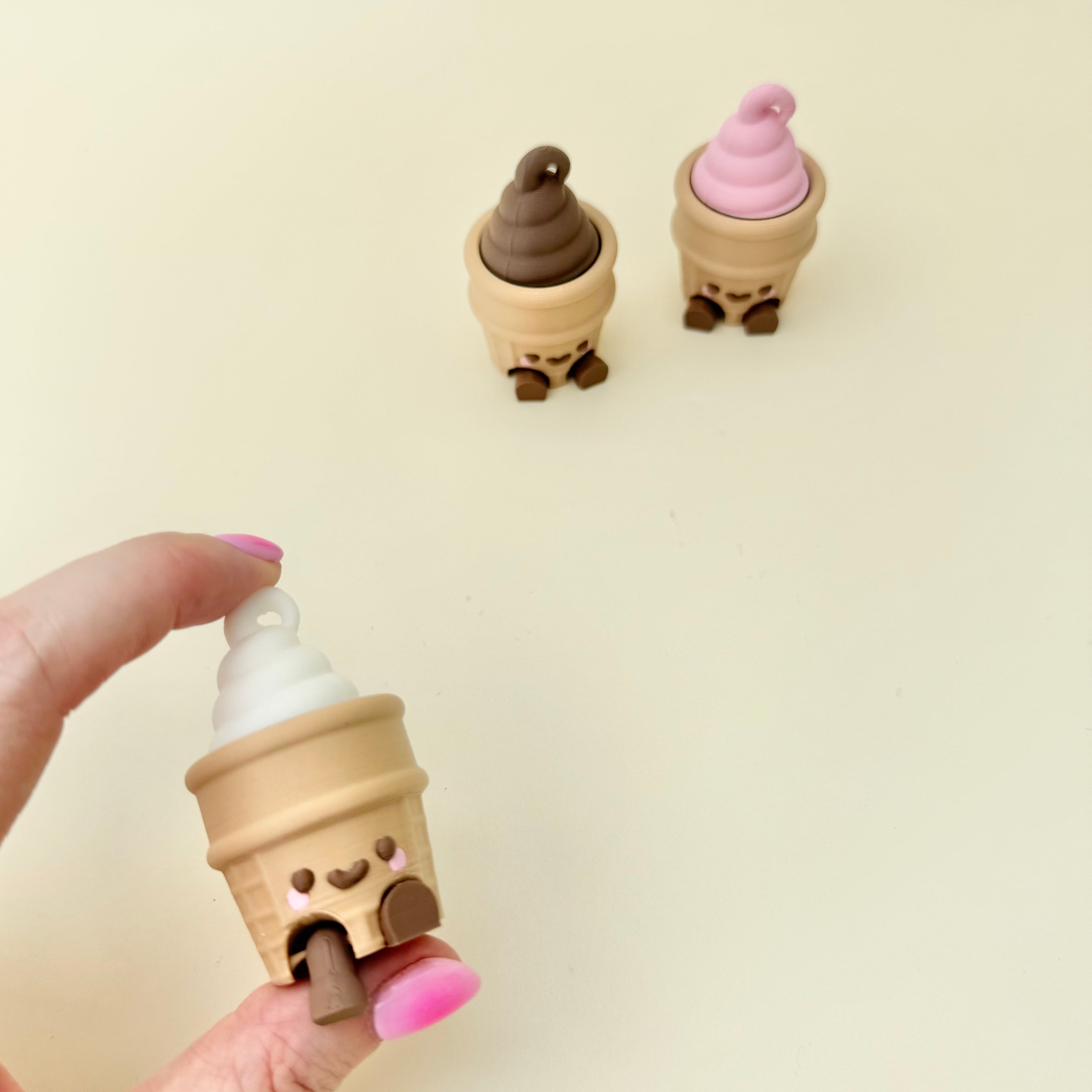 Ice cream cone fidget with built-in clicker, tactile details and quiet or louder click option.