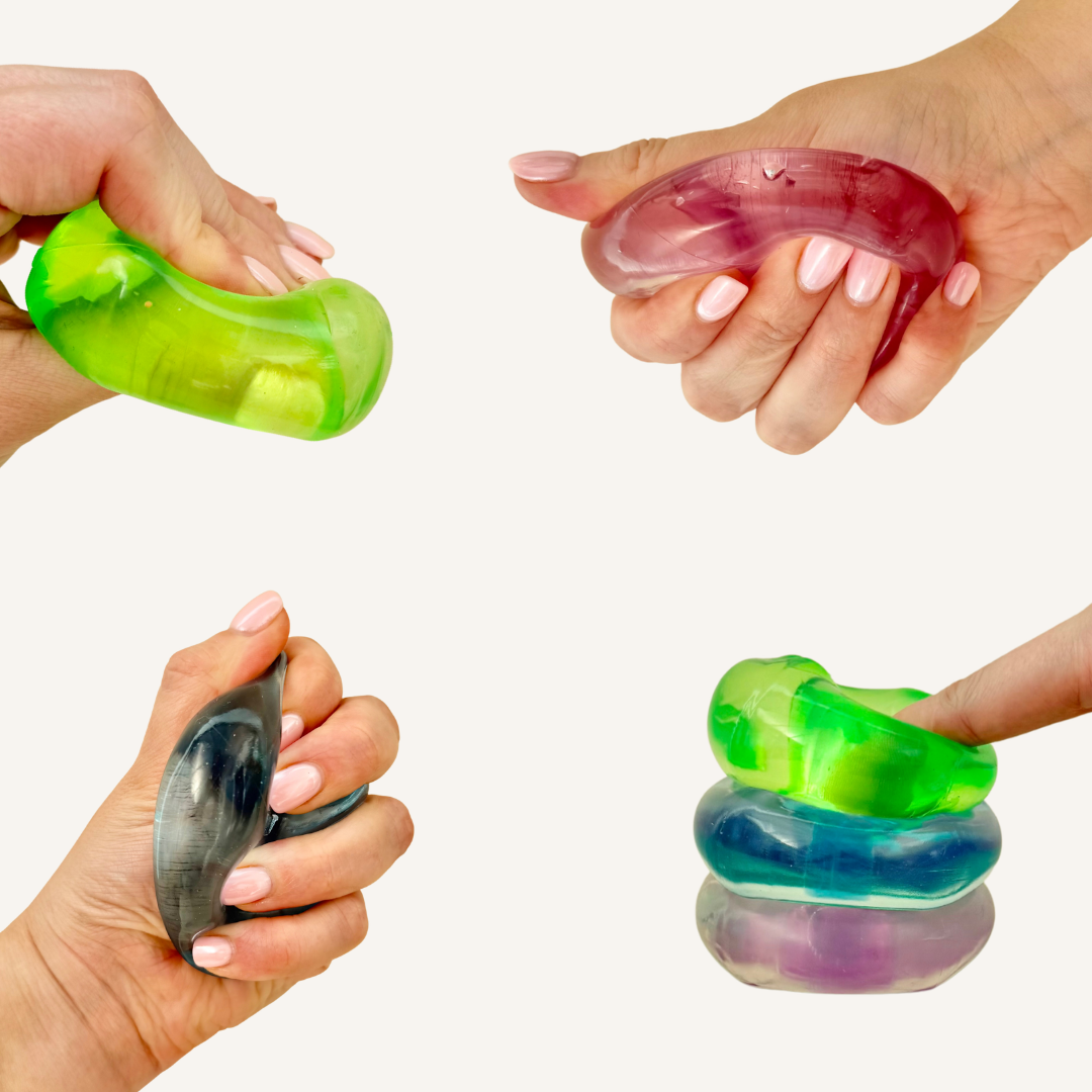 Smooth cube-style sensory squish with just-right resistance and grippy feel for calming squeezes and everyday fidgeting.