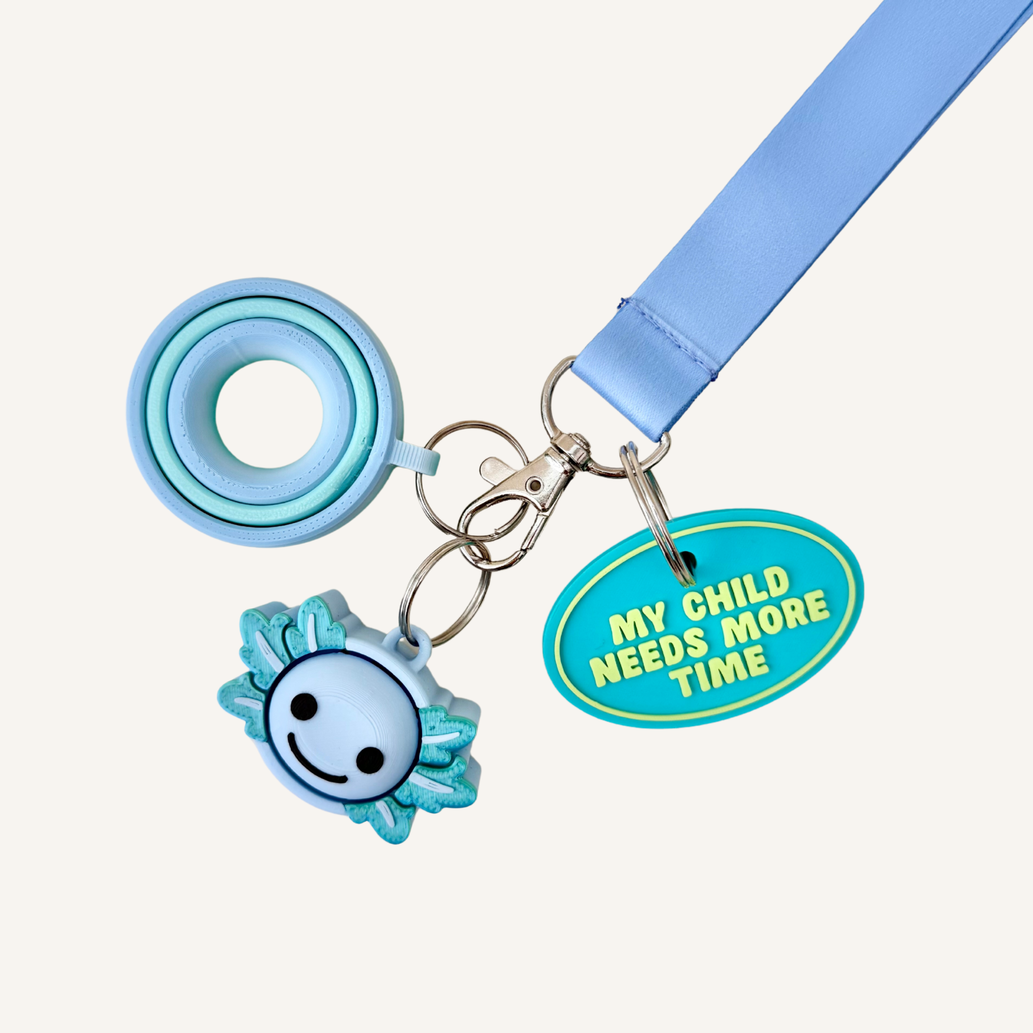 Lightweight clip-on communication tag with raised text for quick everyday visibility.