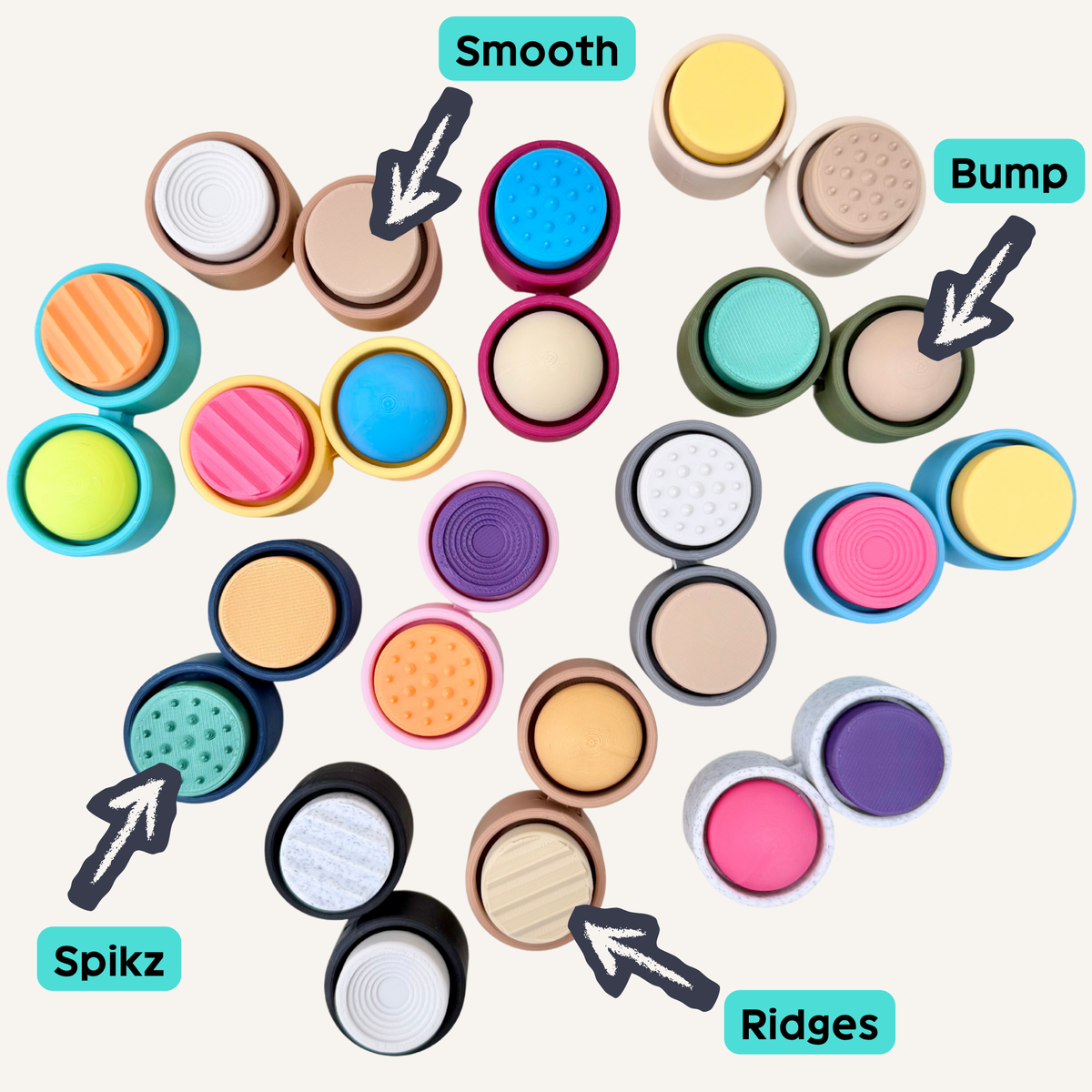 Compact sensory clicker with two press points and a flexible centre for comfortable one-handed fidgeting.