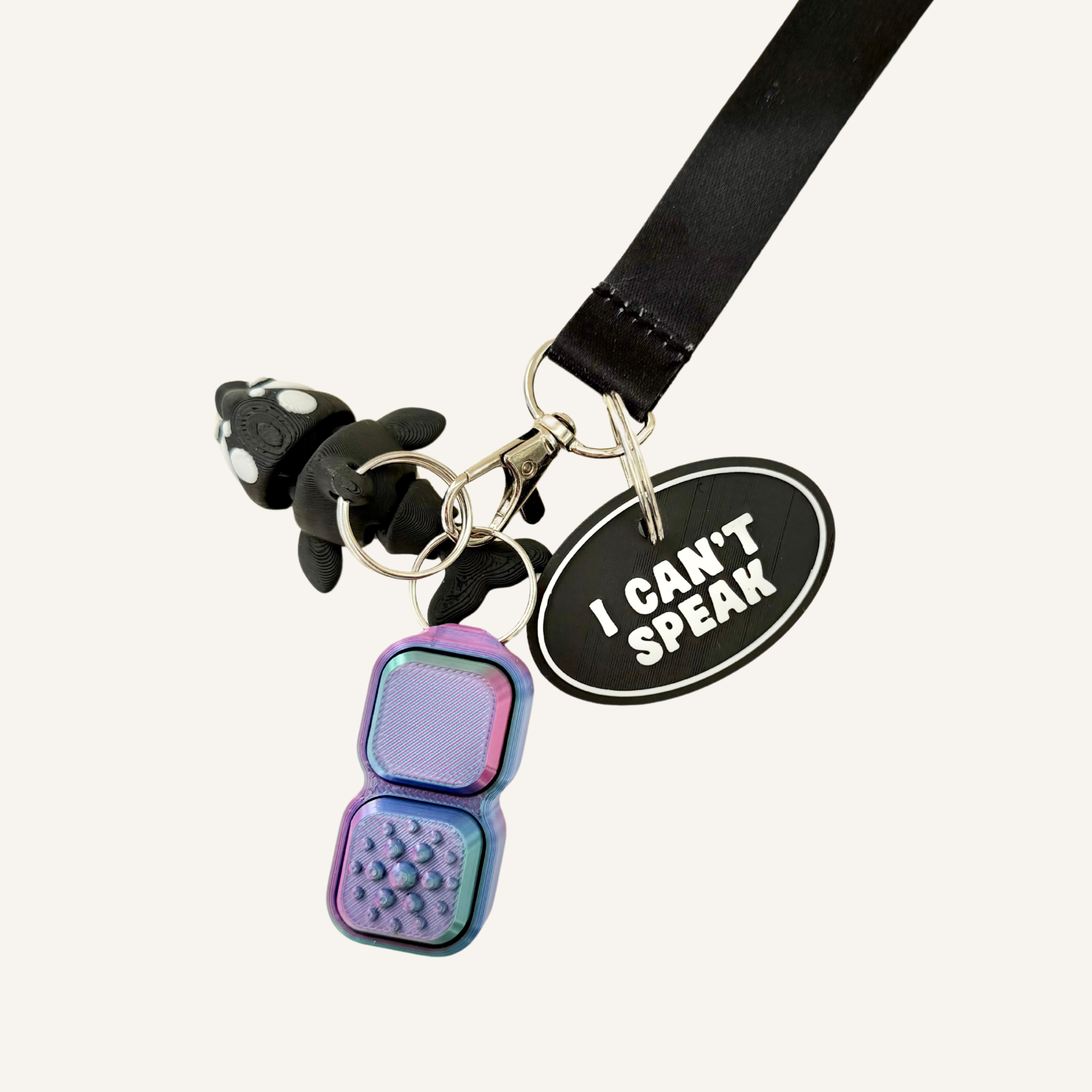 Oval 3D printed support tag made for visible communication and easy attachment.
