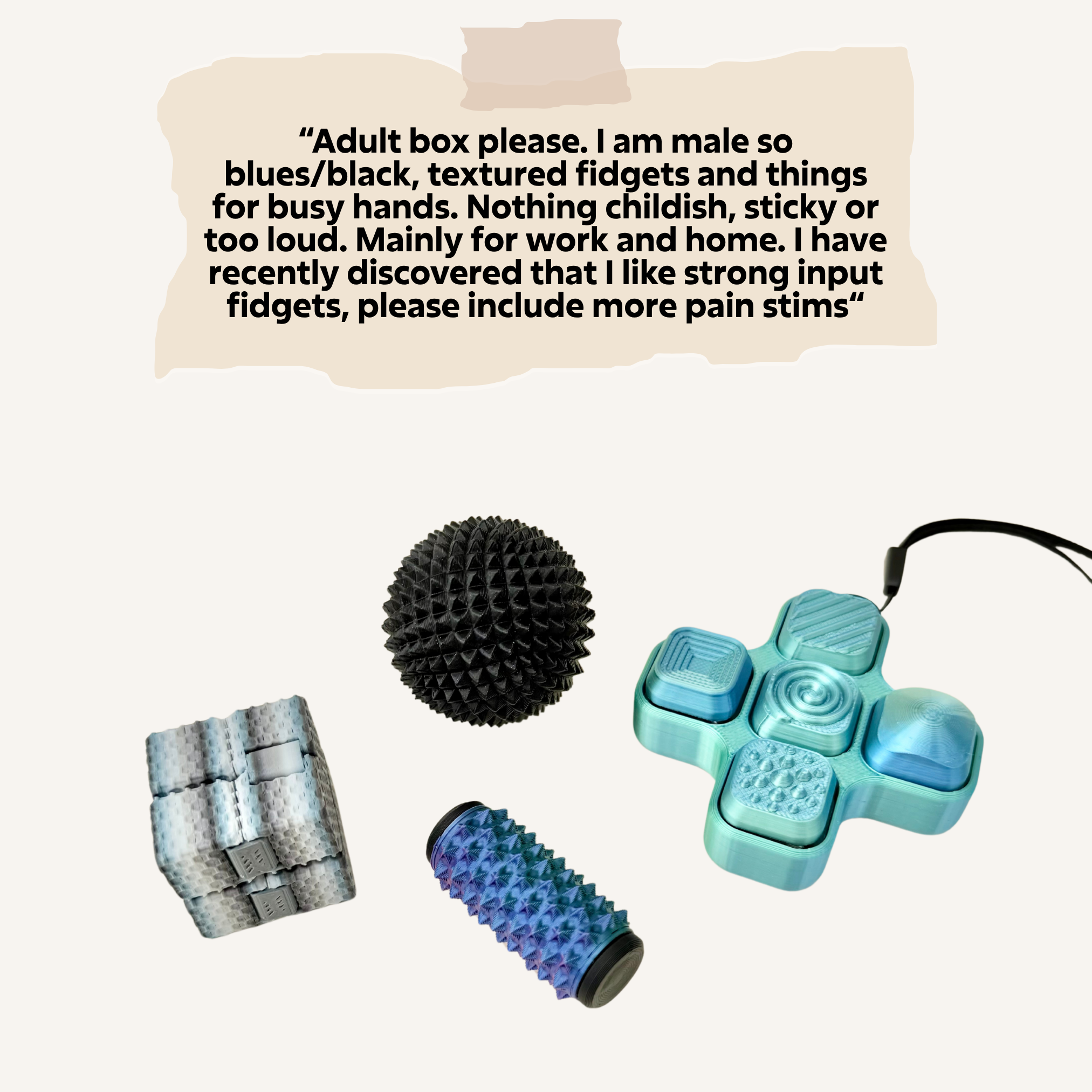 Stim box featuring fresh sensory favourites, textured tools, clickers, squishies and fidgets chosen from across the shop.