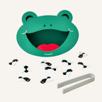 Reusable frog sensory play set with tweezers and flies for counting, sorting and fine motor practice.