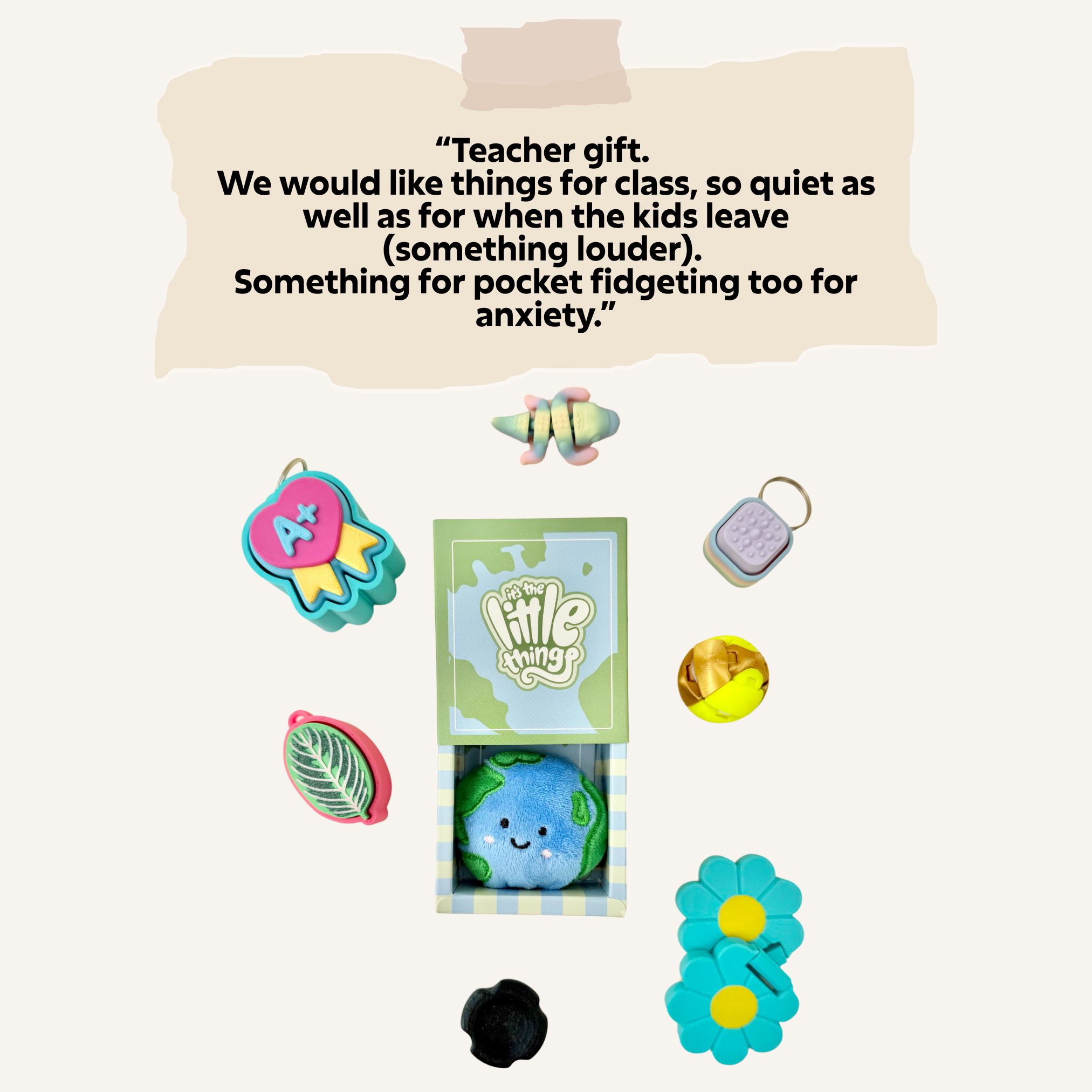 Stim box picked around sensory likes and dislikes, with notes used to avoid unwanted textures, sounds or themes.