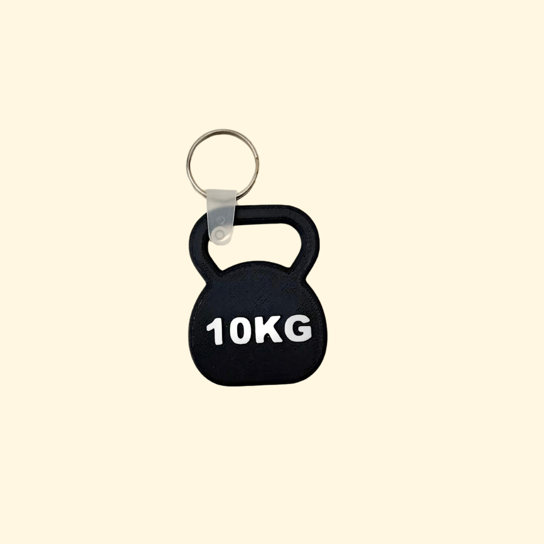 Tap-to-open keyring tag in a kettlebell design for quick access to a call, link, directions, or saved contact.
