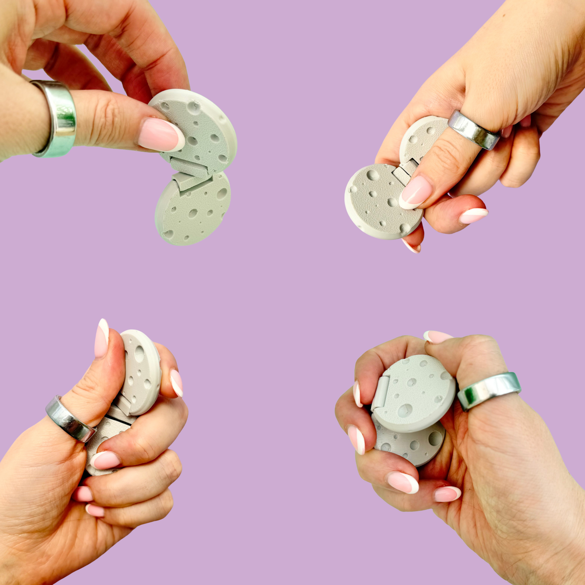 Moon Flip sensory tool held in one hand for repetitive flipping twisting and turning.