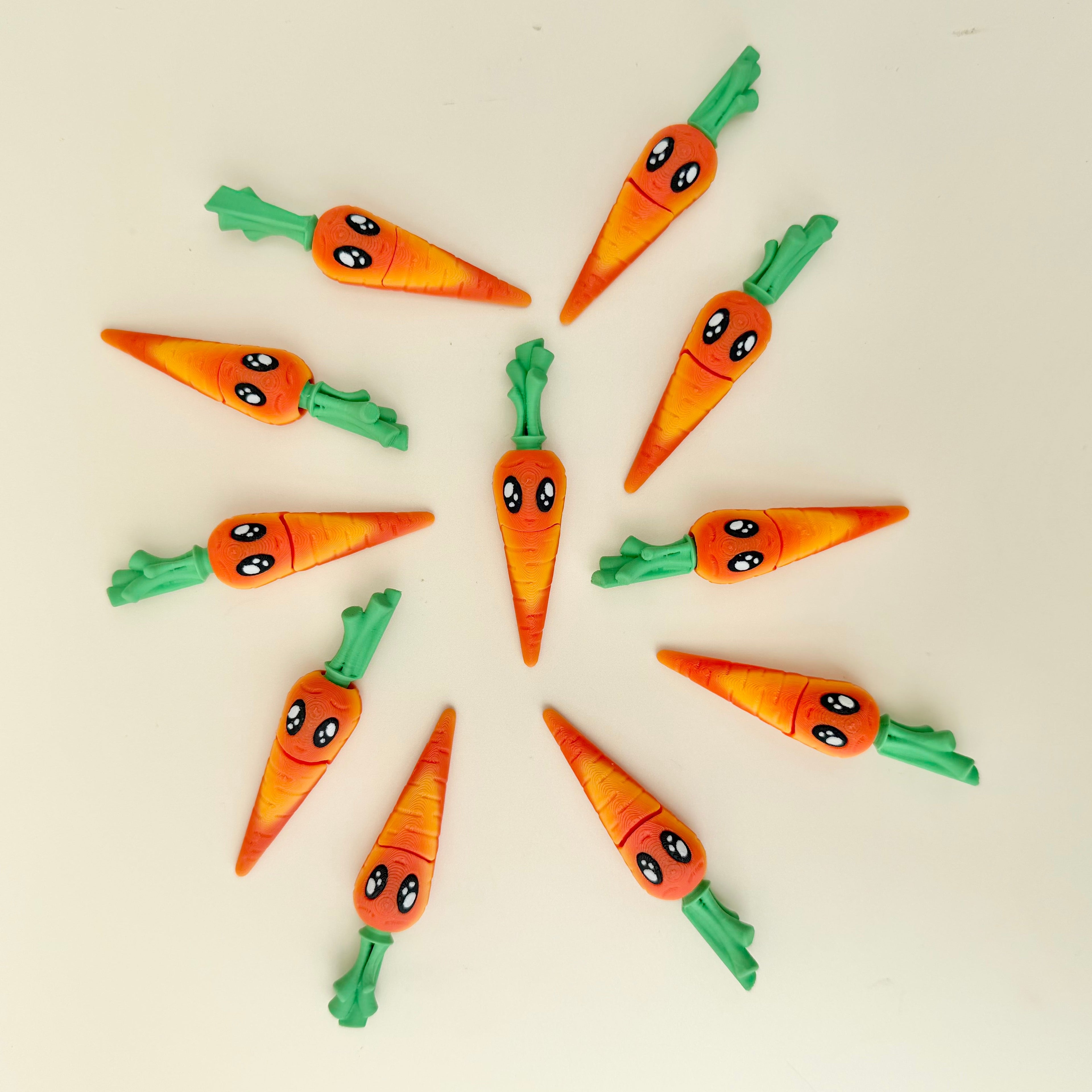 Minimal handheld carrot toy with an opening mouth for light sensory input and playful everyday use.
