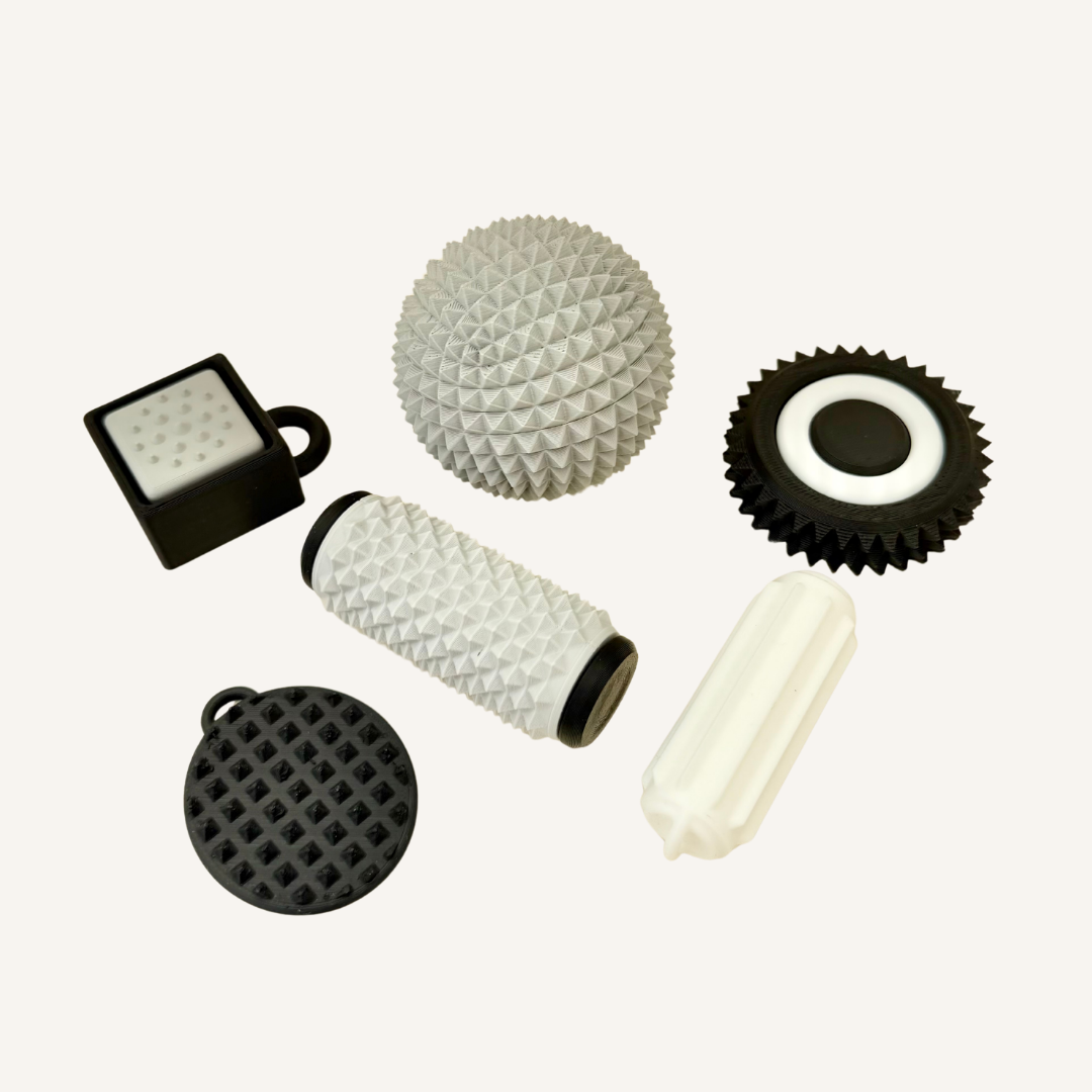 High-feedback sensory set with textured pressure tools for adults who prefer stronger tactile input and focus support.