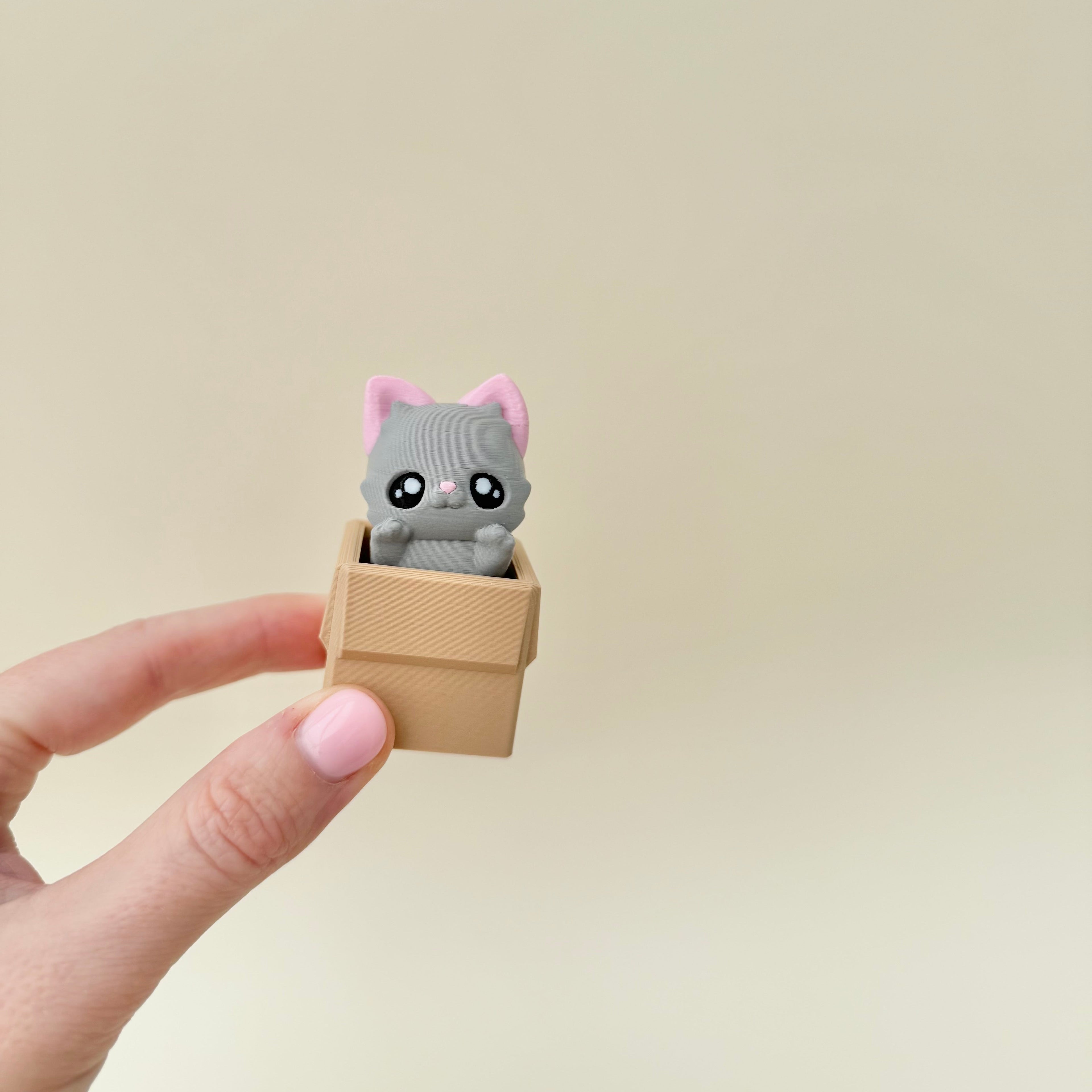 Compact desk fidget with a press-down kitten mechanism; smooth sides and raised features for tracing and tactile feedback.

