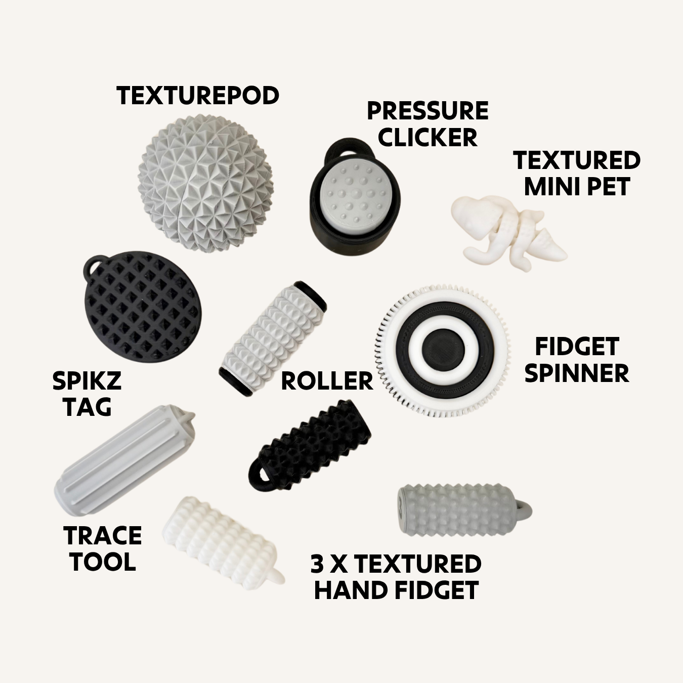 Kids sensory fidget set with medium to strong tactile feedback for stimming, focus and everyday regulation.