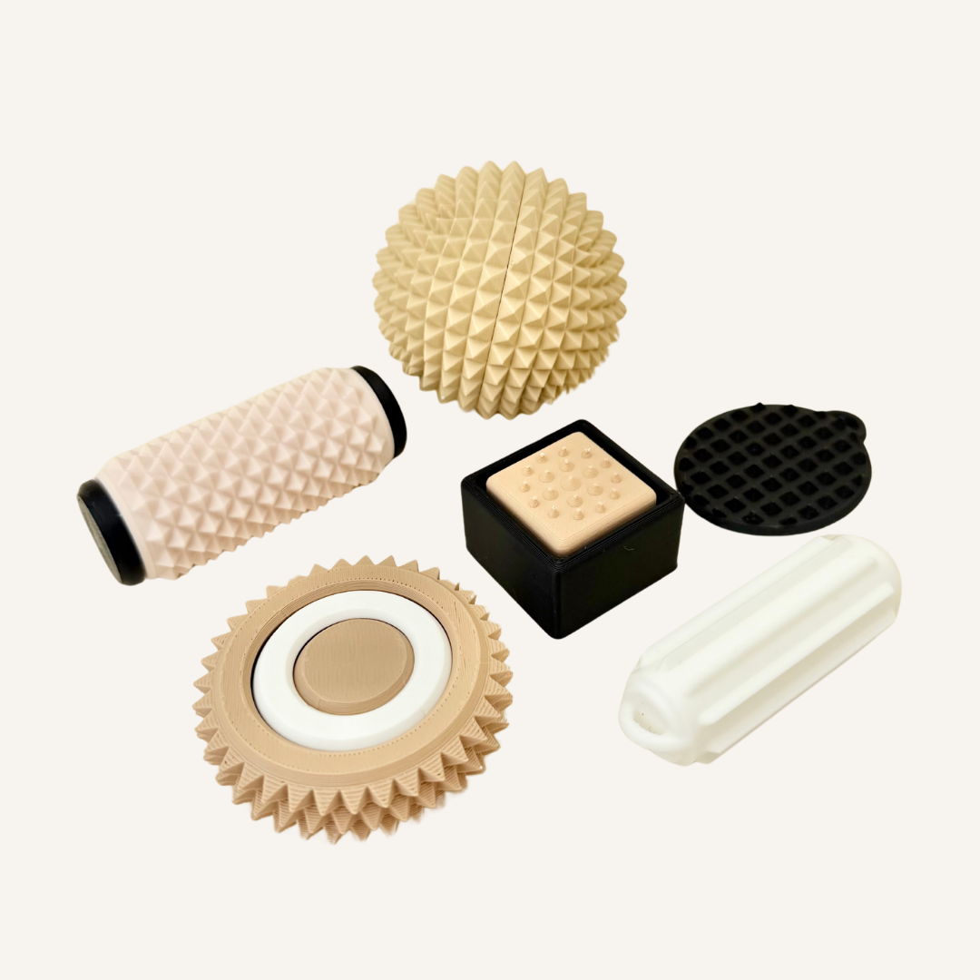 Strong tactile fidget set with spiky textures, rolling pressure, thumb pressing and sensory regulation support.
