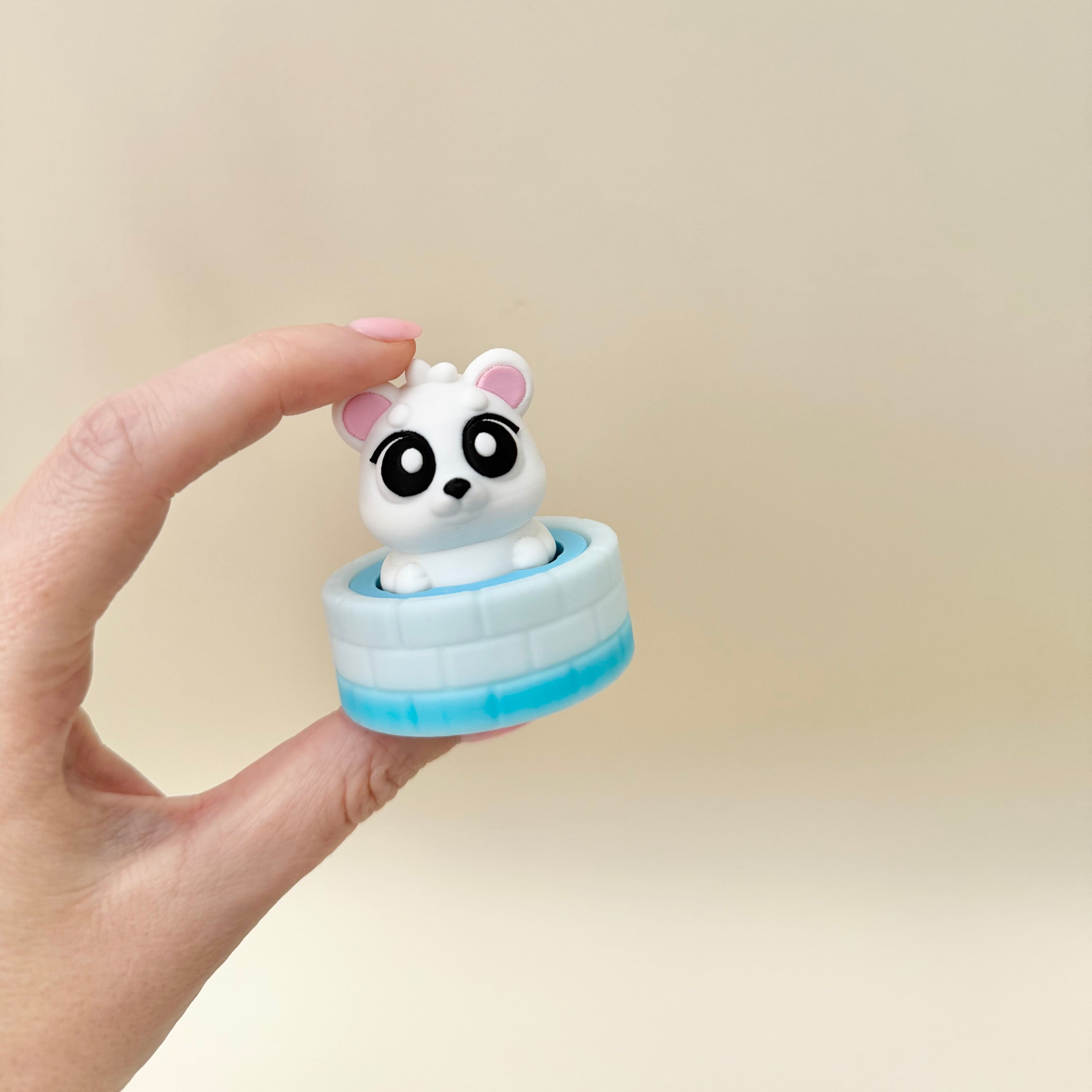 Bear bath clicker fidget available with standard or quiet click option.
