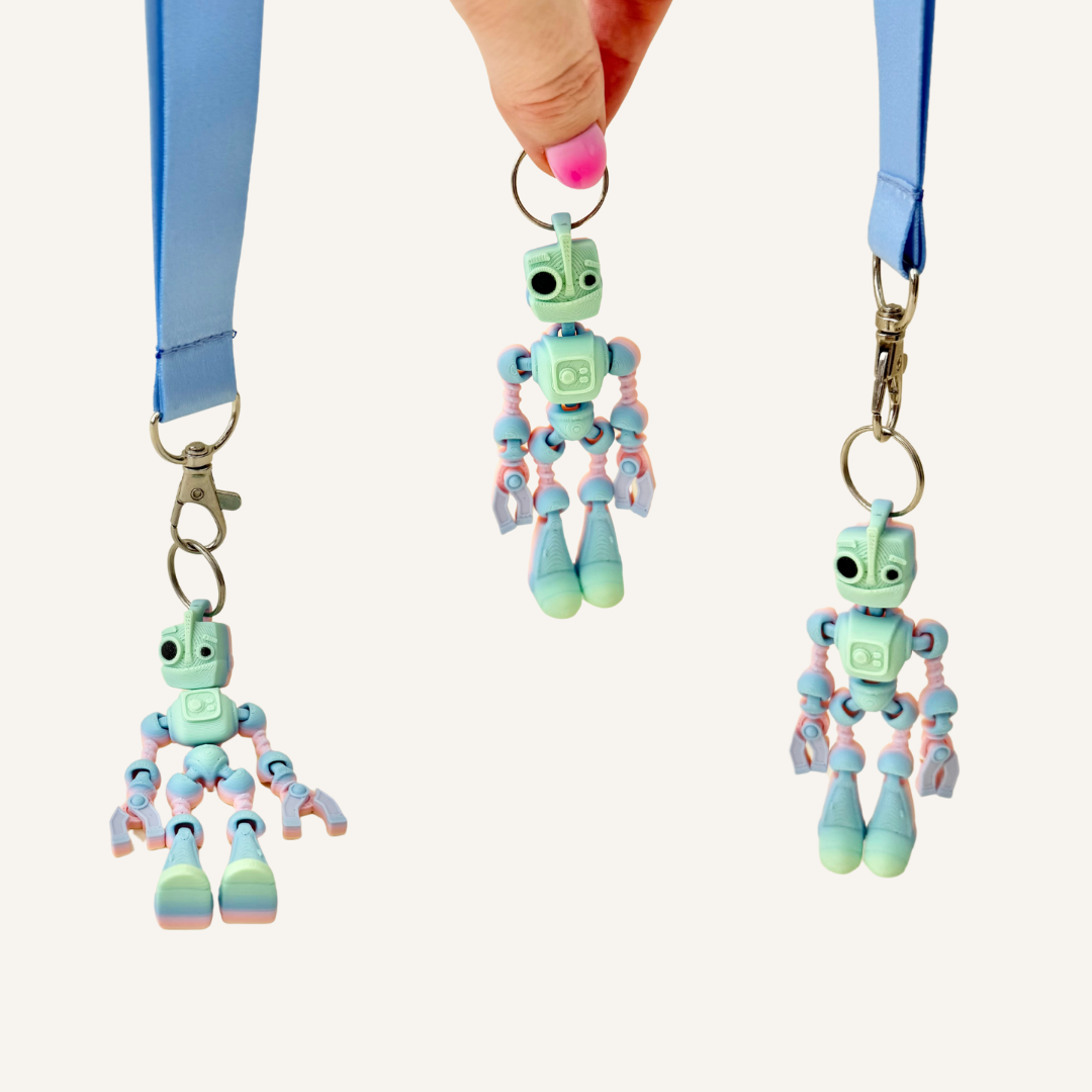 Colour-change robot fidget with flexible limbs for stimming, focus support and sensory regulation.