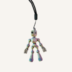 Small articulated robot fidget with moving limbs, tactile details and portable sensory support.