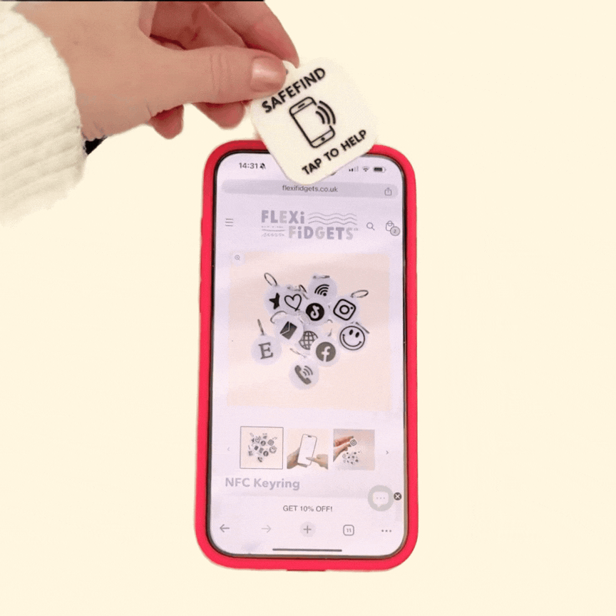 NFC-enabled keyring designed for sharing essential information, available in black or white.