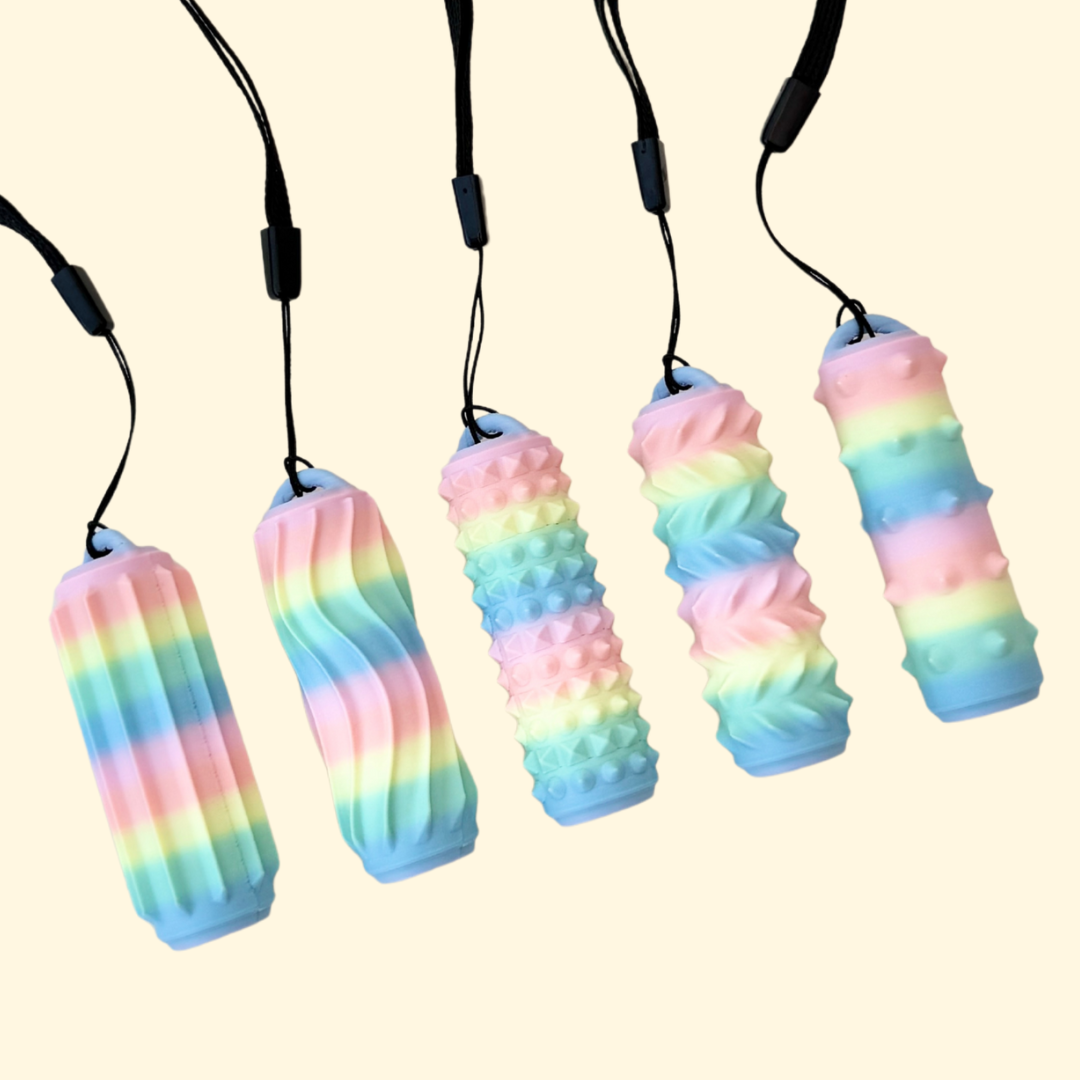 Portable sensory fidget with rigid texture for grounding and pain stimming.
