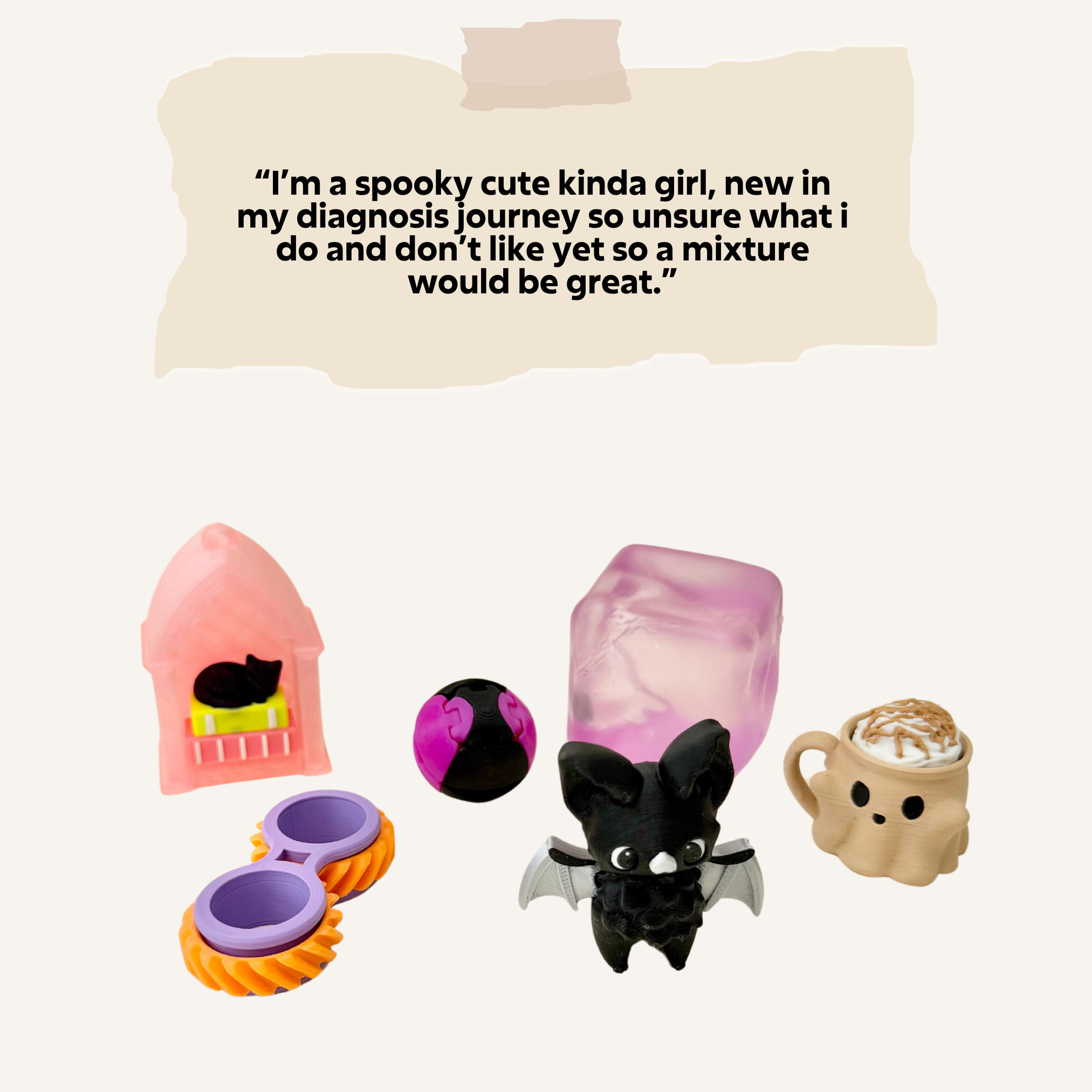 Custom-feel sensory surprise box for people who want fidgets picked around colours, themes and sensory preferences.