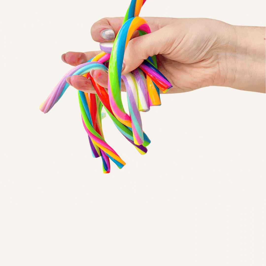 Pack of long stretchy sensory fidgets designed for twisting, stretching and quiet busy-hands movement throughout the day.
