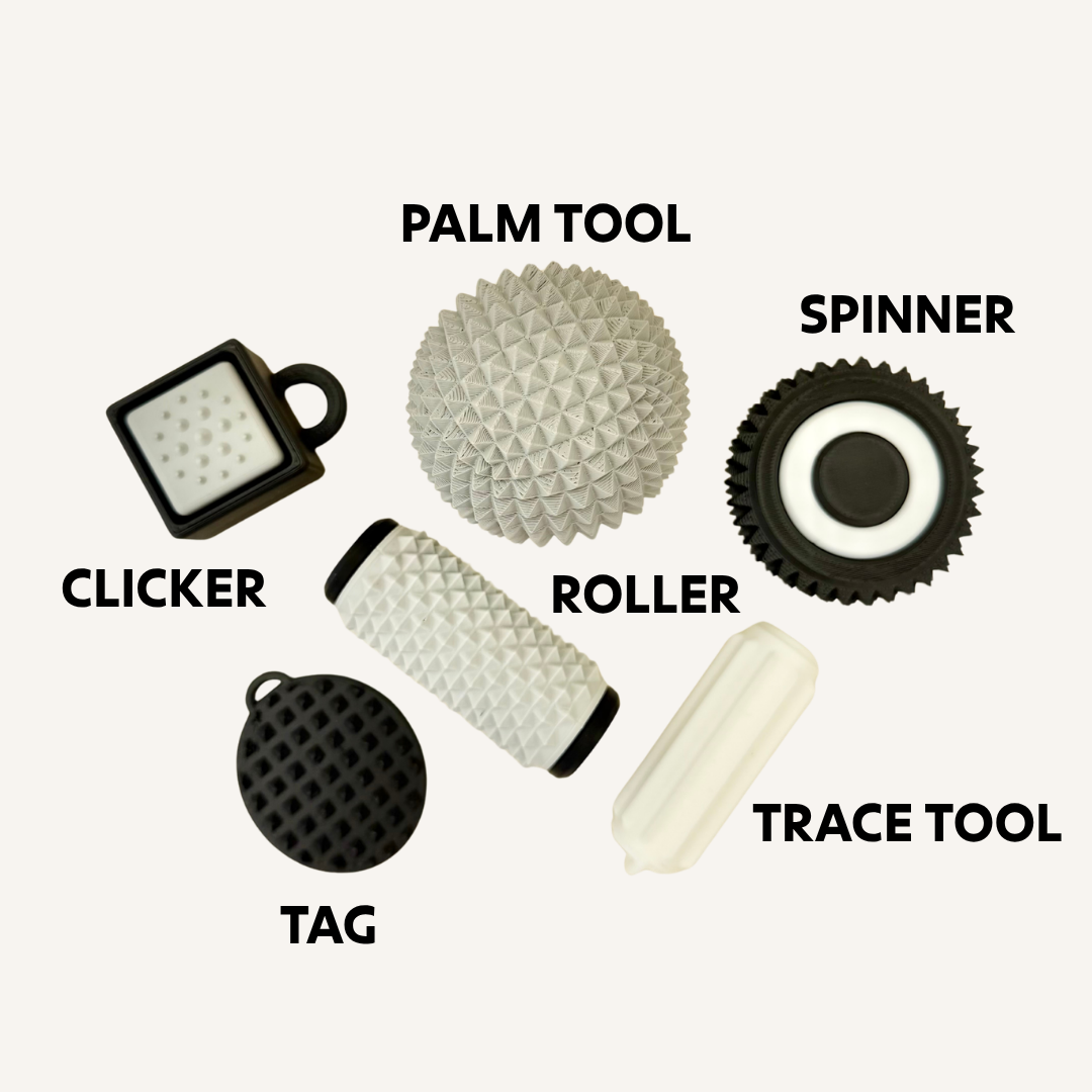 Adult sensory fidget set with clicker, spinner, roller, palm tool and tag for firm pressure and regulation.