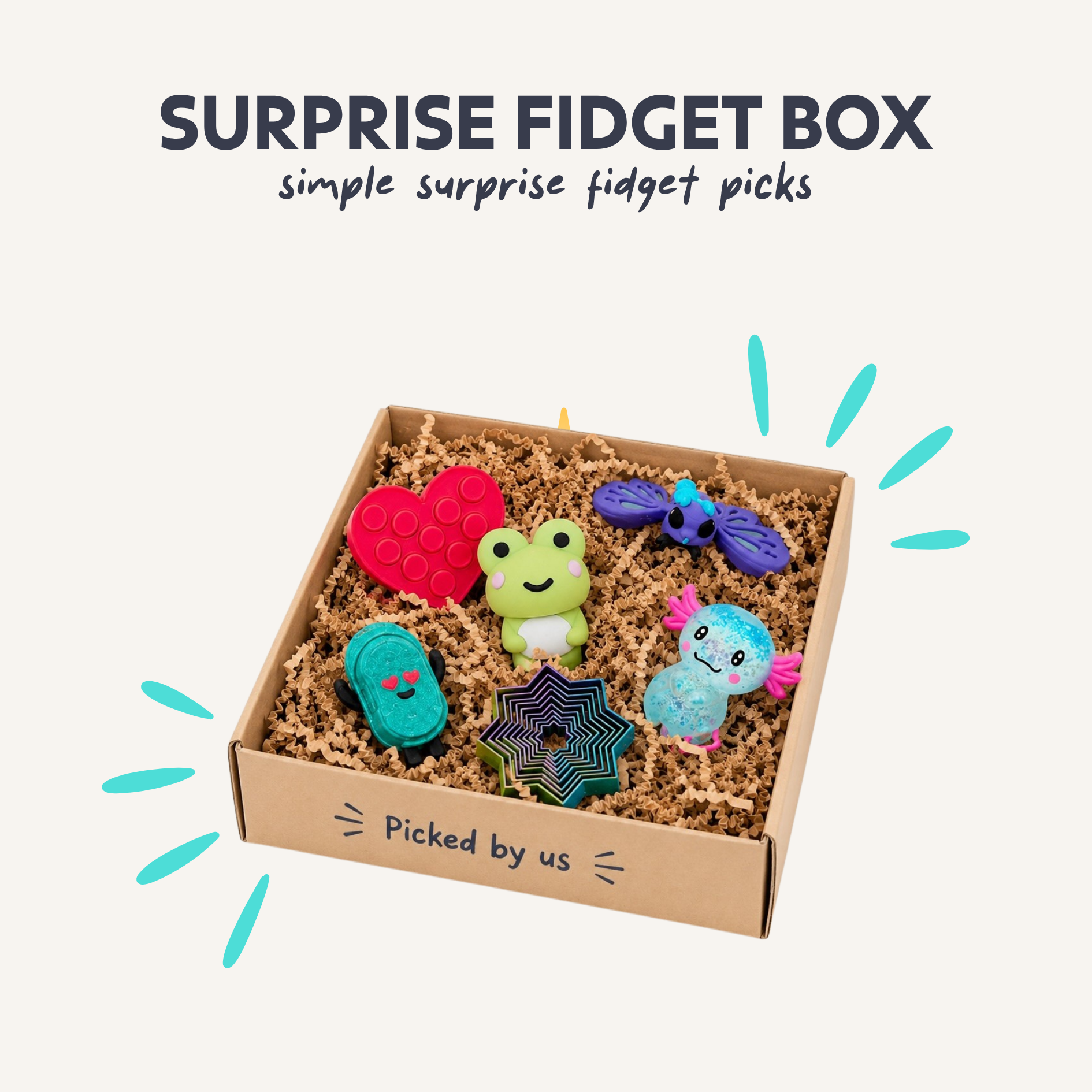Simple surprise fidget box with colourful fidgets, natural zigzag filler and fun mystery-style sensory picks.