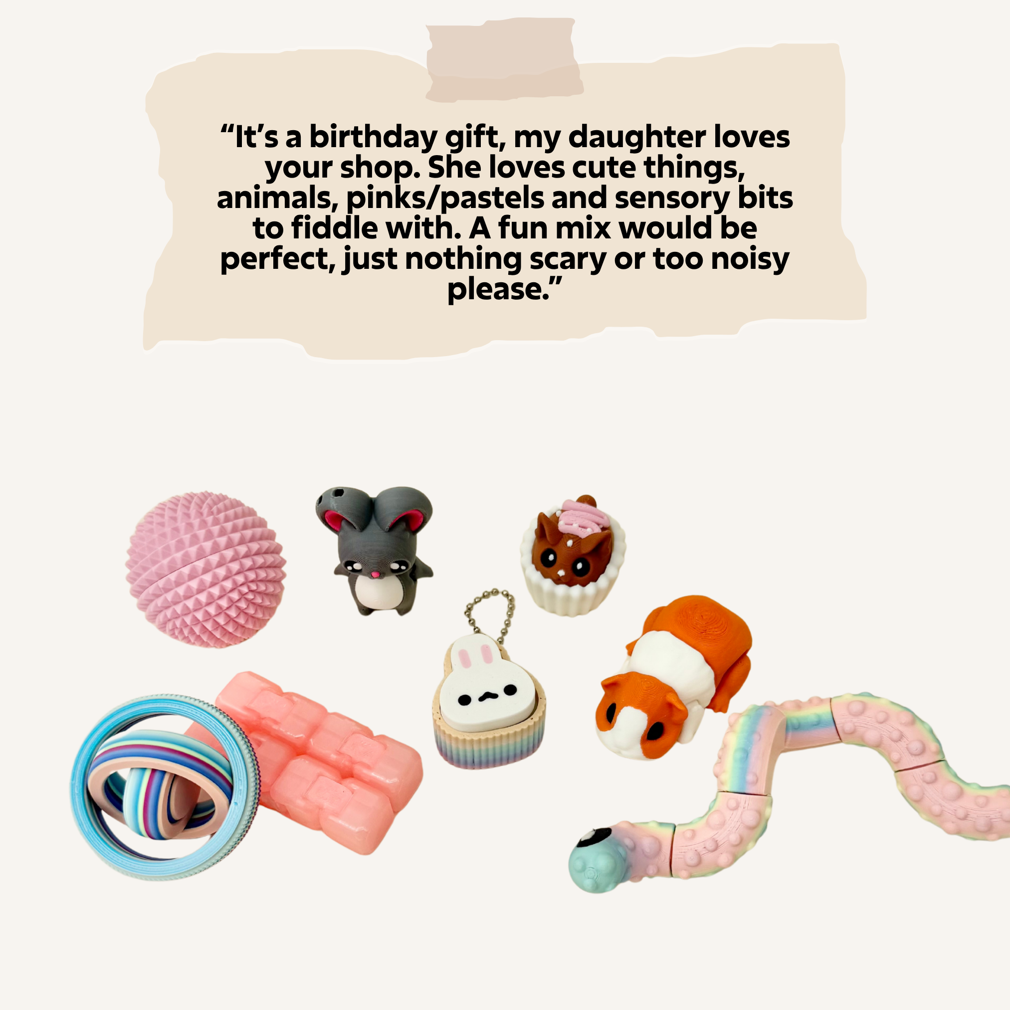 My Stimz Box with a curated mix of fidgets, squishies, clickers and sensory tools picked around your brief.