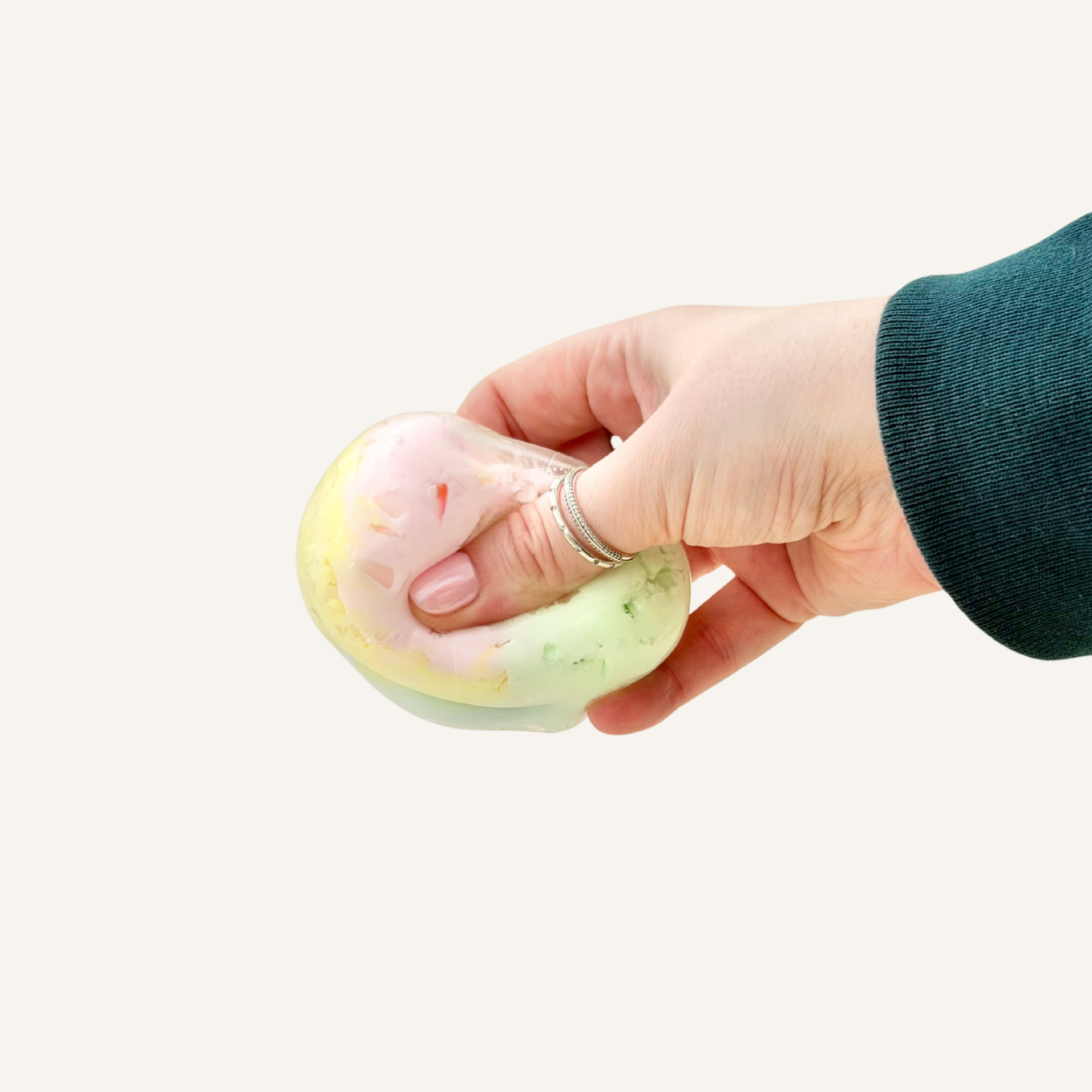 Unique sensory squishy with audible wax cracking and a soft clay-like feel after the crack for continued play.