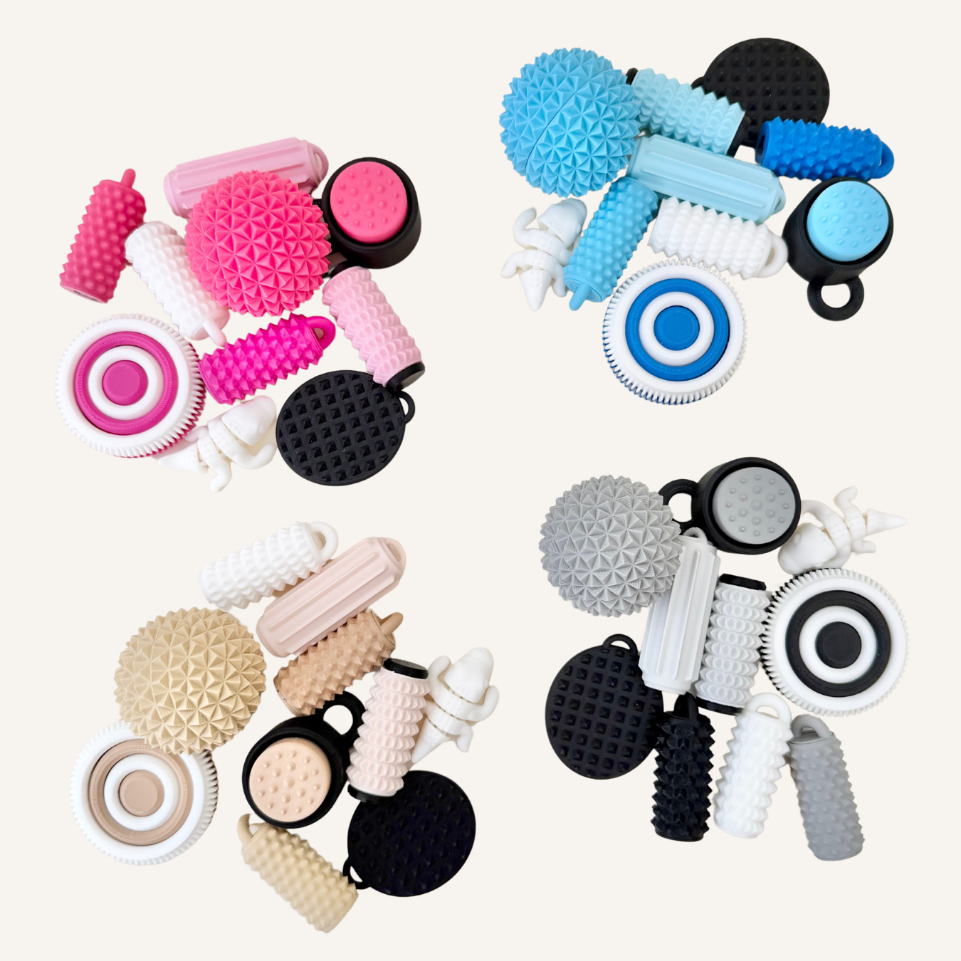 Children’s sensory set with handheld texture tools, rolling feedback and pressure-style fidgets for busy hands.