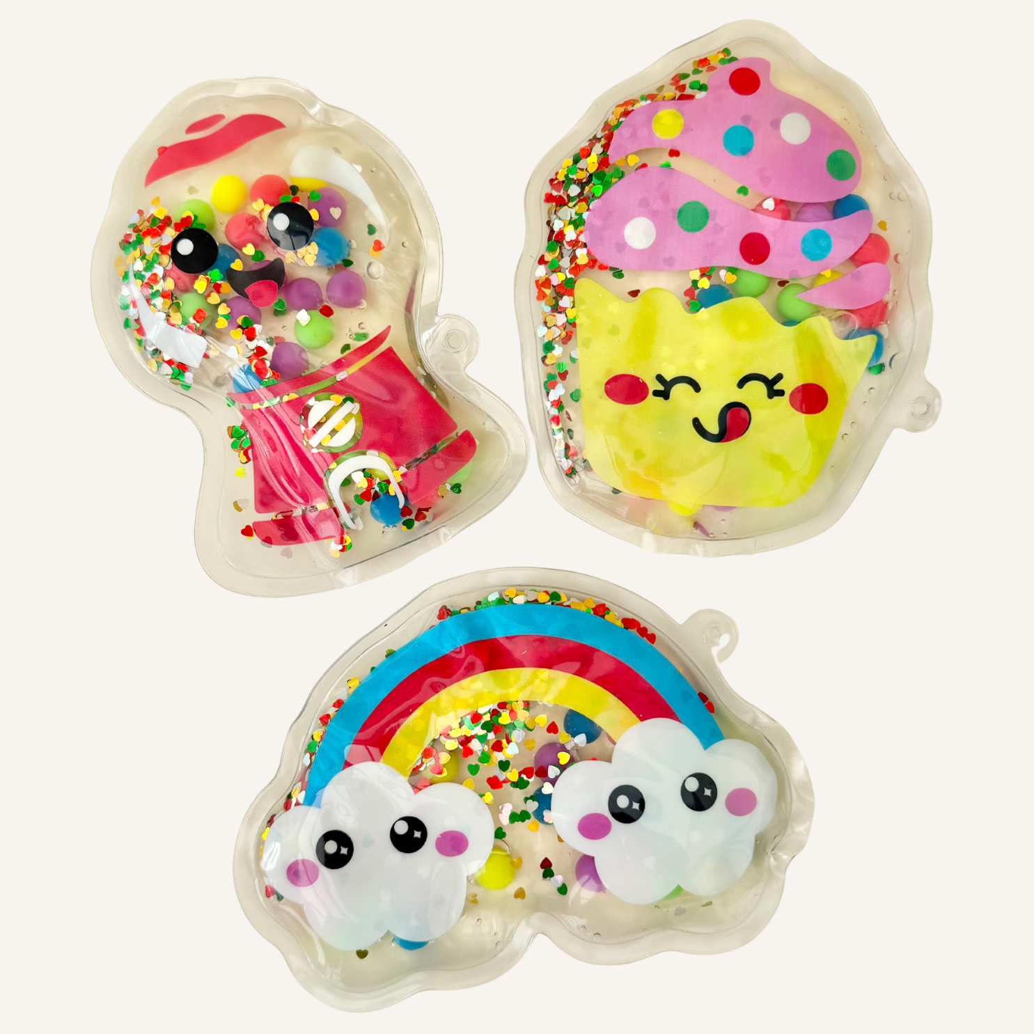 Soft liquid sensory toy designed for squeezing and watching colourful pieces swirl and shift.
