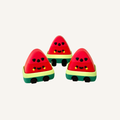 Cute watermelon sensory clicker with pressable red top, dangly legs and tactile feedback for busy hands.