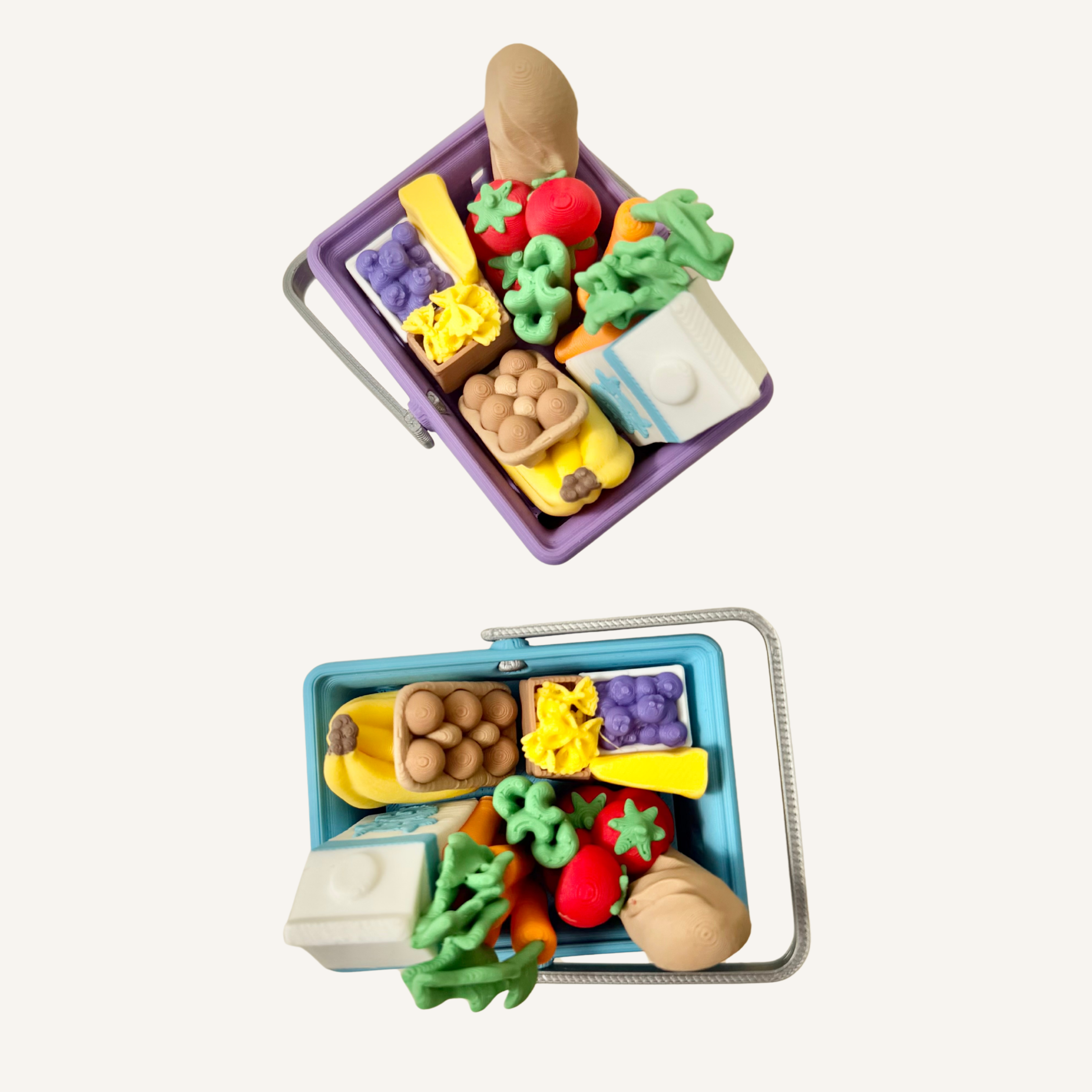 Mini grocery basket fidget with realistic food details, moving handle and four satisfying hidden clickers.