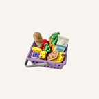 Realistic grocery basket sensory clicker with milk, bread, fruit, vegetables and moving handle.