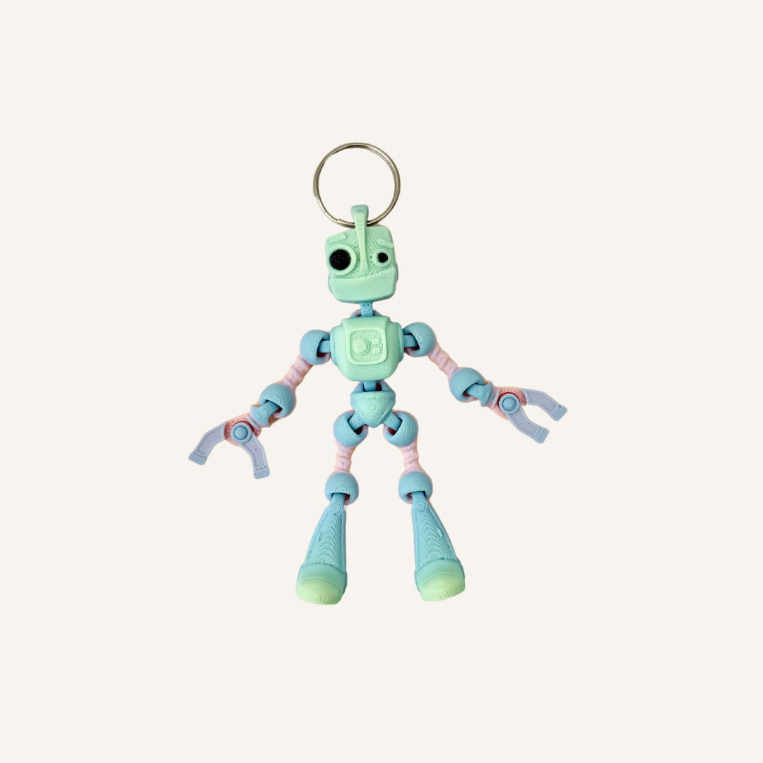 Flexible robot lanyard attachment with rainbow colour-change finish for tactile fidgeting and busy hands.
