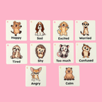 Set of 10 Stimz COMMZ animal emotion tiles for communicating feelings using clear full-colour visuals.