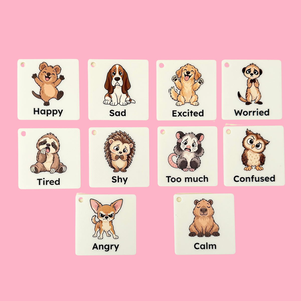 Set of 10 Stimz COMMZ animal emotion tiles for communicating feelings using clear full-colour visuals.