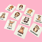 Full-colour Animal Feelings COMMZ tiles showing different emotions including happy, sad, worried, angry, calm and excited.