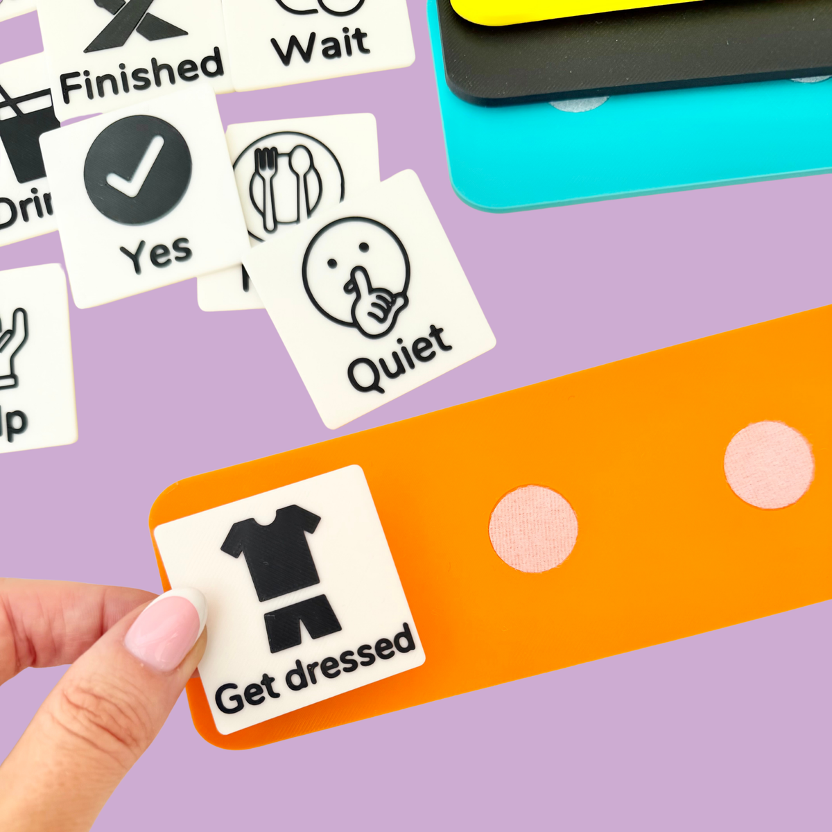 Everyday COMMZ tiles including visual communication for help, toilet, food, drink, choices and daily routines.