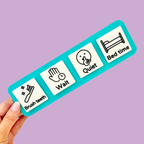 COMMZ Starter Set showing 15 visual communication tiles with a reusable 4-space board for choices, needs and routines.