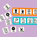 Four-space COMMZ visual communication board with removable tiles for displaying everyday choices, needs and routines.