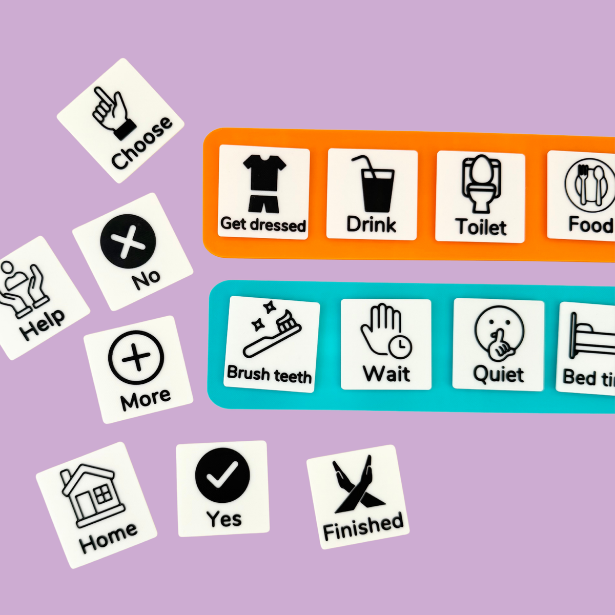 Four-space COMMZ visual communication board with removable tiles for displaying everyday choices, needs and routines.