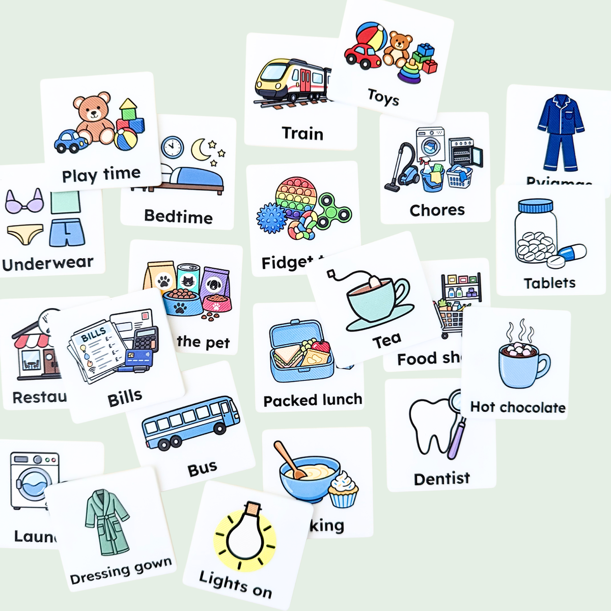 Full-colour custom communication visuals for everyday activities including shopping, chores and preparing lunch.