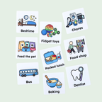 Examples of custom Full-Colour COMMZ showing personalised visuals for everyday communication, activities and routines.