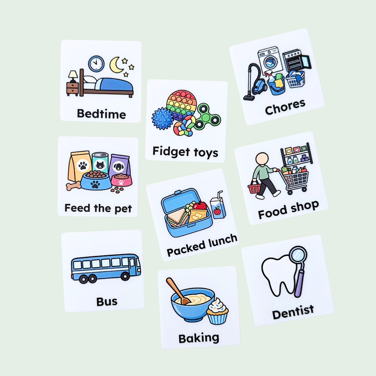 Examples of custom Full-Colour COMMZ showing personalised visuals for everyday communication, activities and routines.