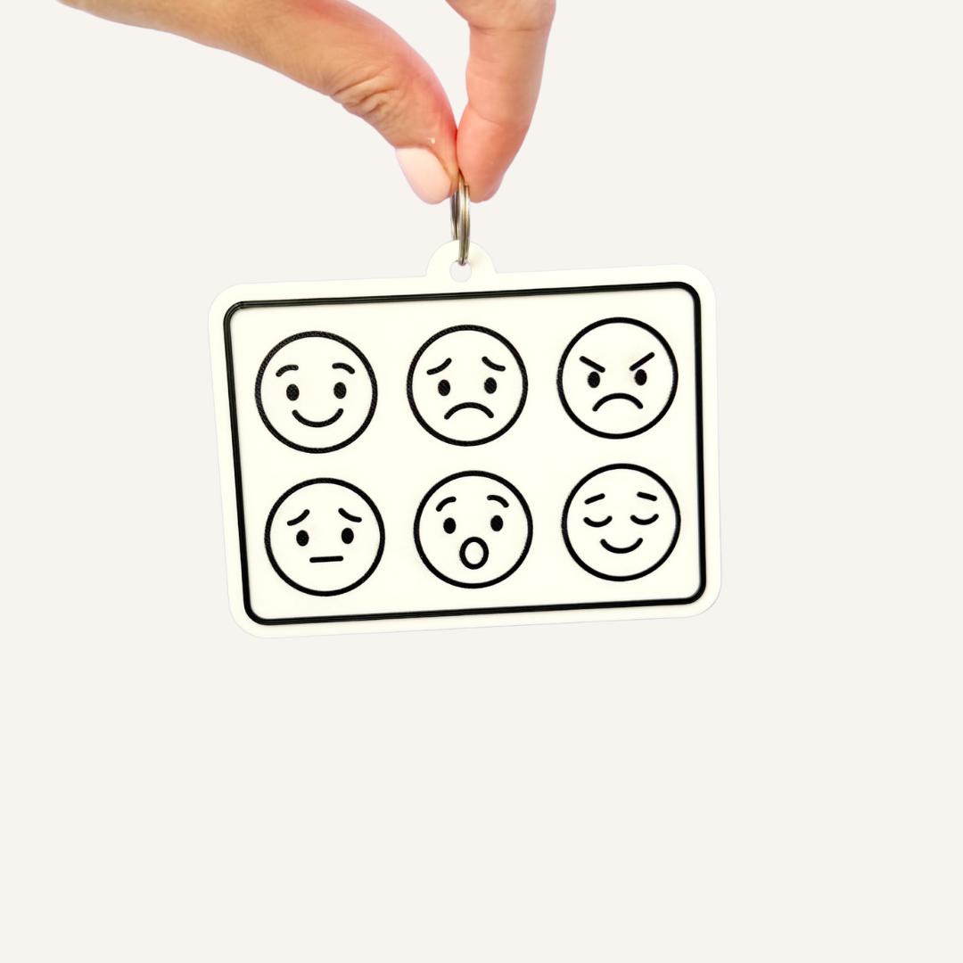 Portable emotion communication board with six high-contrast facial expressions for showing feelings.