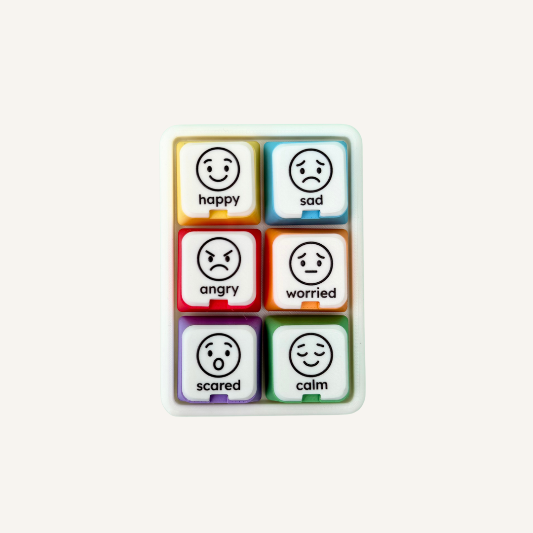 Portable visual communication clicker with Happy, Sad, Angry, Worried, Scared and Calm emotion symbols.